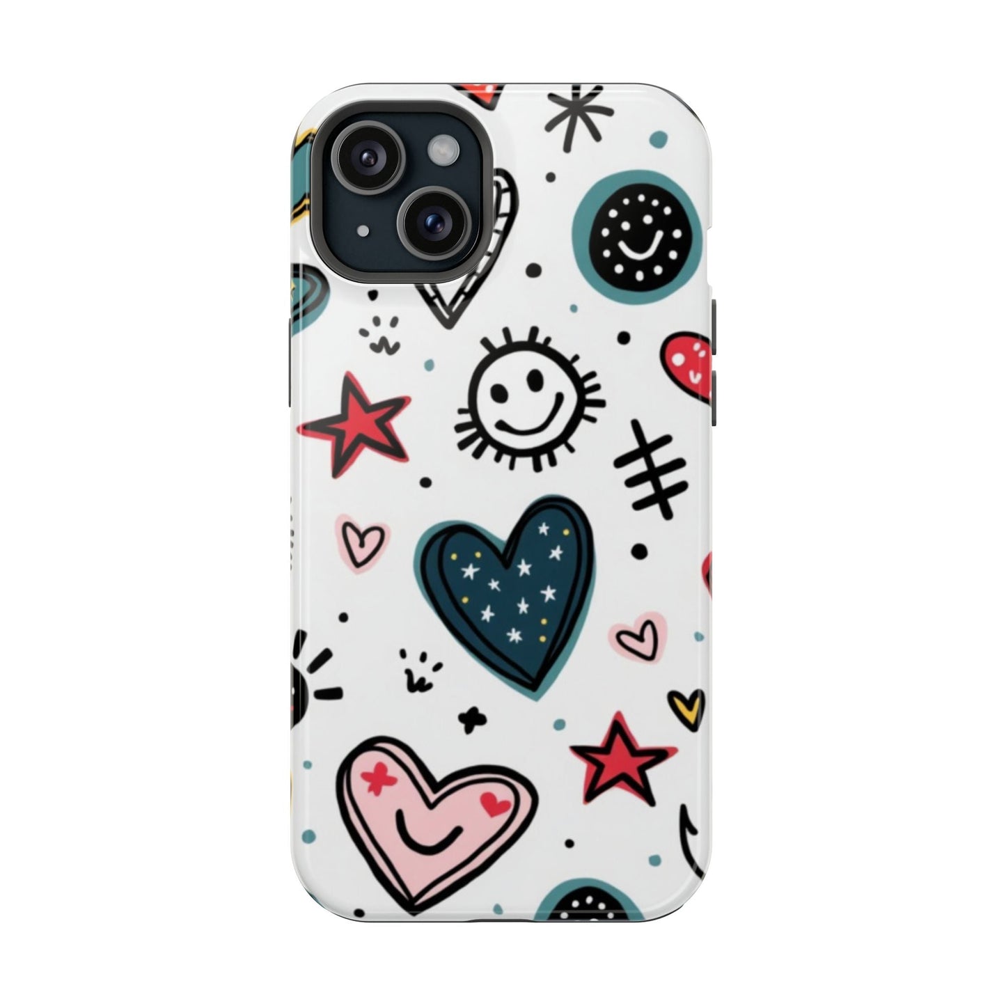 iPhone tough case with colorful cartoon hearts and smiles design, durable dual-layer protection, and MagSafe compatibility