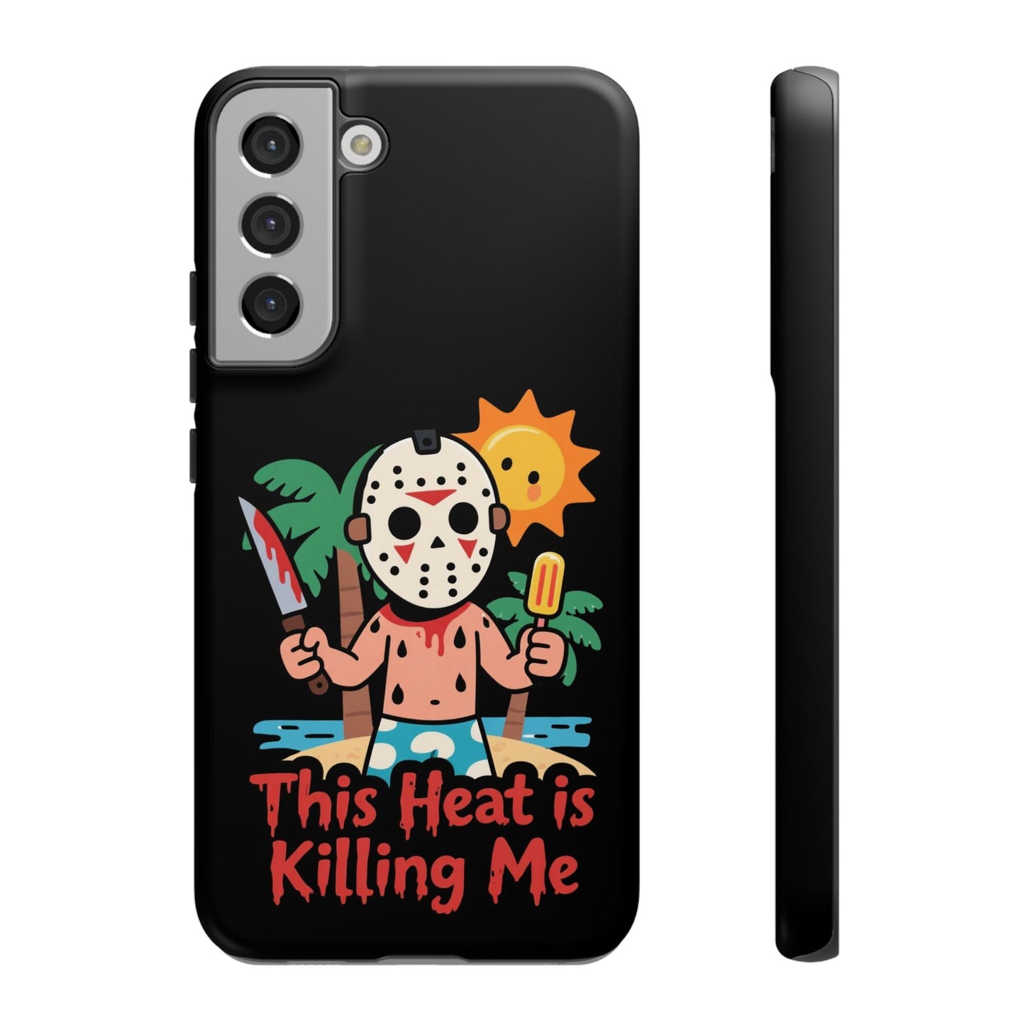 Samsung phone case with Heat is Killing Me Summerween inspired design featuring cartoon horror mask, tropical background, and text, durable and protective