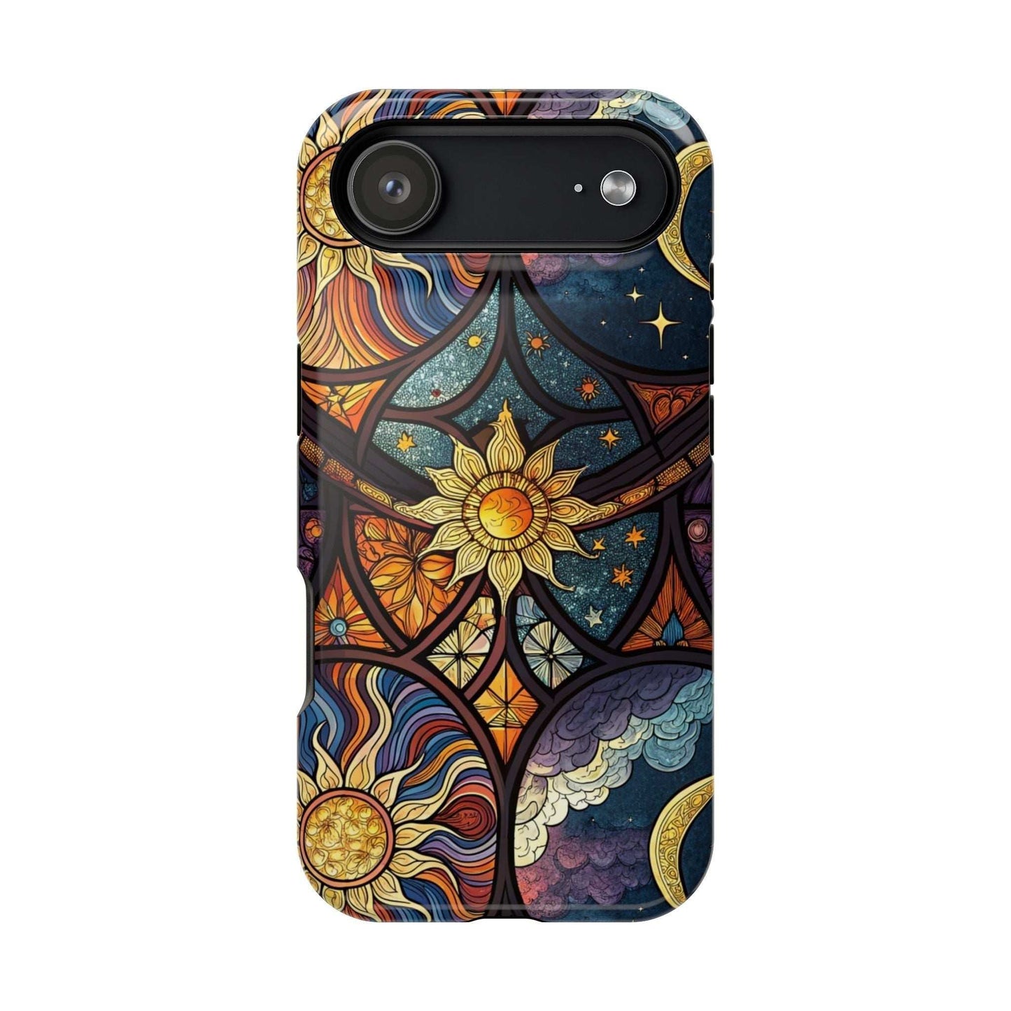 Sun and Moon iPhone Case with vibrant cosmic design and durable protection for iPhone 13 to 16 series