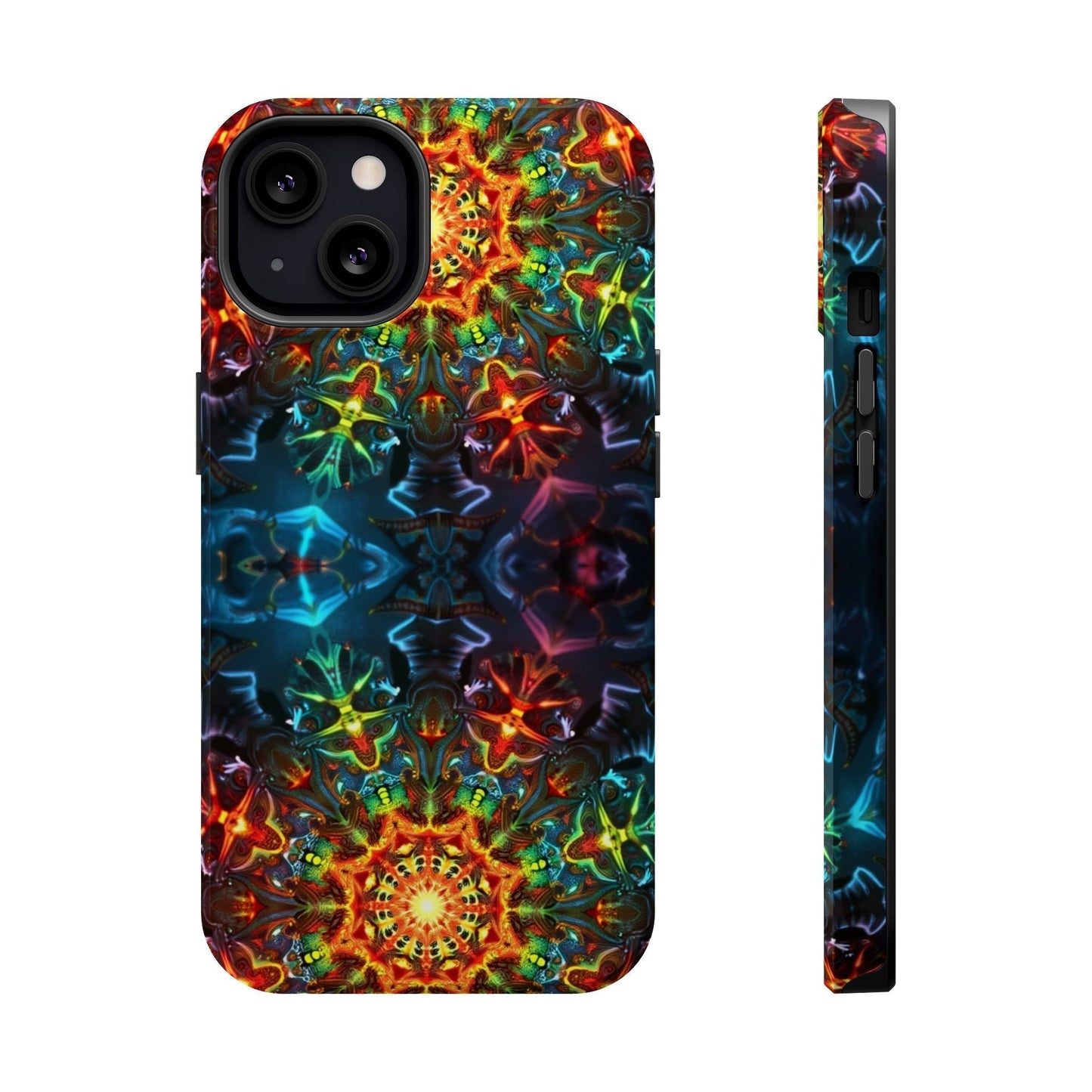iPhone magnetic tough case with vibrant abstract kaleidoscope design and durable dual-layer protection