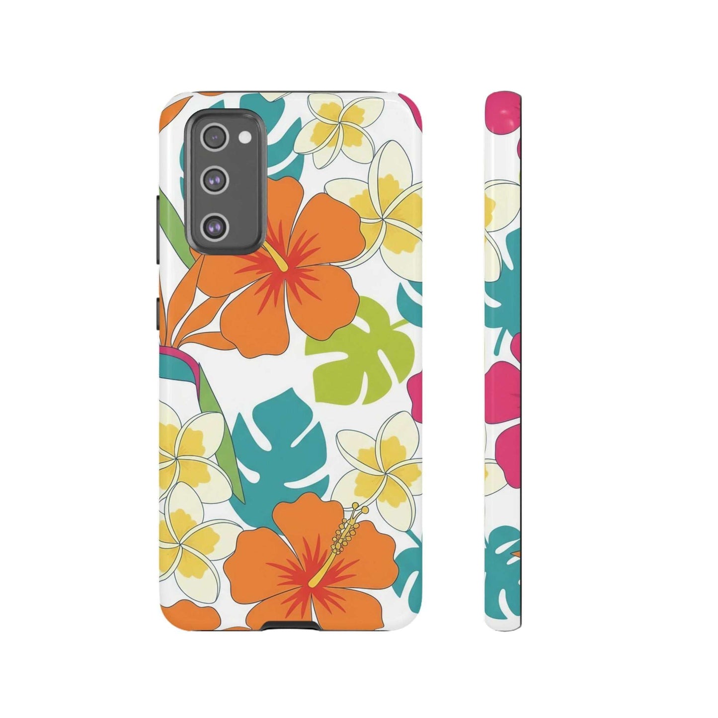 orange floral Samsung phone case with vibrant tropical design and durable shock-absorbing materials