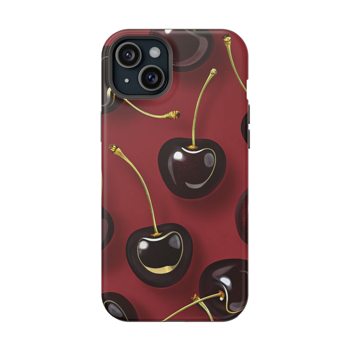 Cherry iPhone tough case with vibrant photo-realistic cherries, dual-layer protection, and MagSafe compatibility