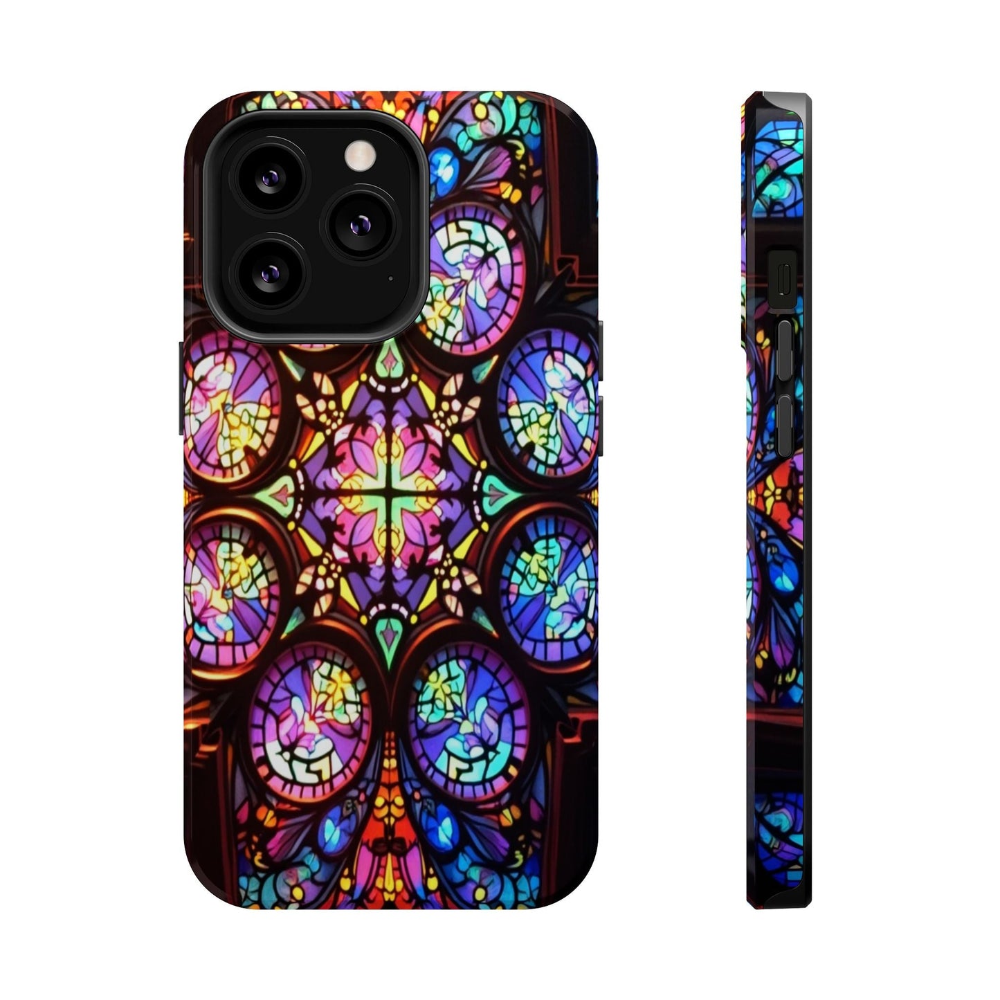 Colorful hypnotic stained glass design iPhone tough case with durable dual-layer protection and MagSafe compatibility