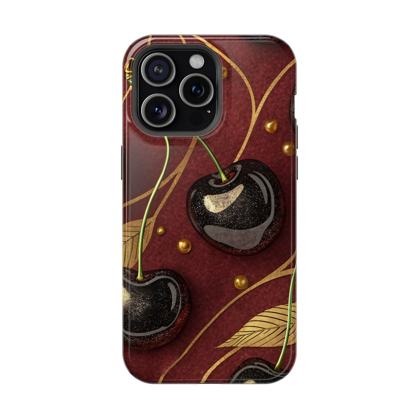 Golden Cherry iPhone Tough Case with black cherries and gold accents, durable MagSafe compatible protection for iPhone.