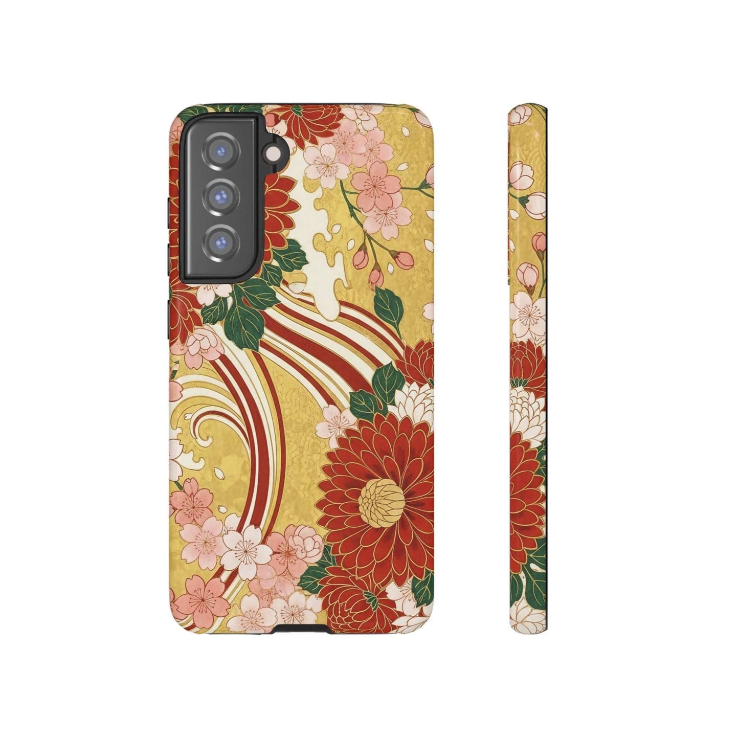 Samsung Case with Japanese floral gold chrysanthemum design, durable and impact-resistant phone cover for protection and style