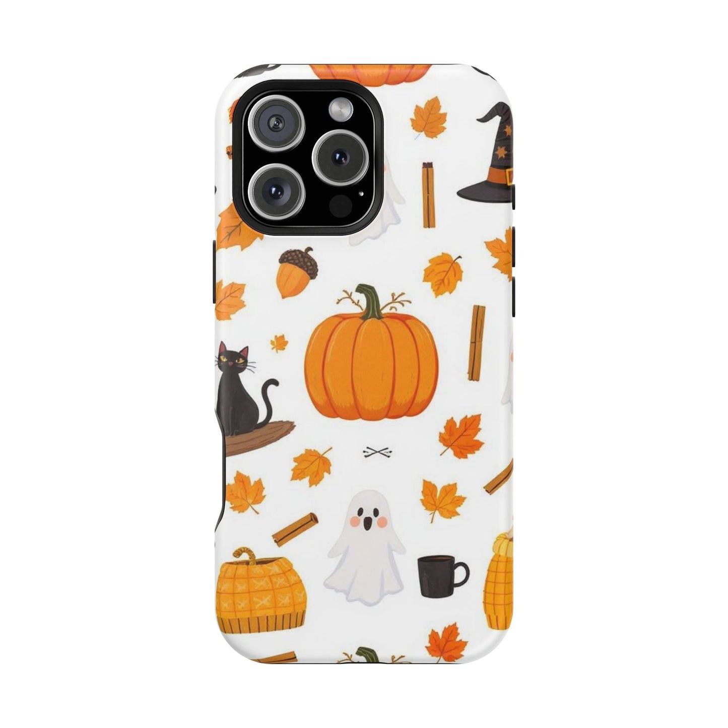 iPhone case with Halloween pumpkins, ghosts, and autumn leaves design