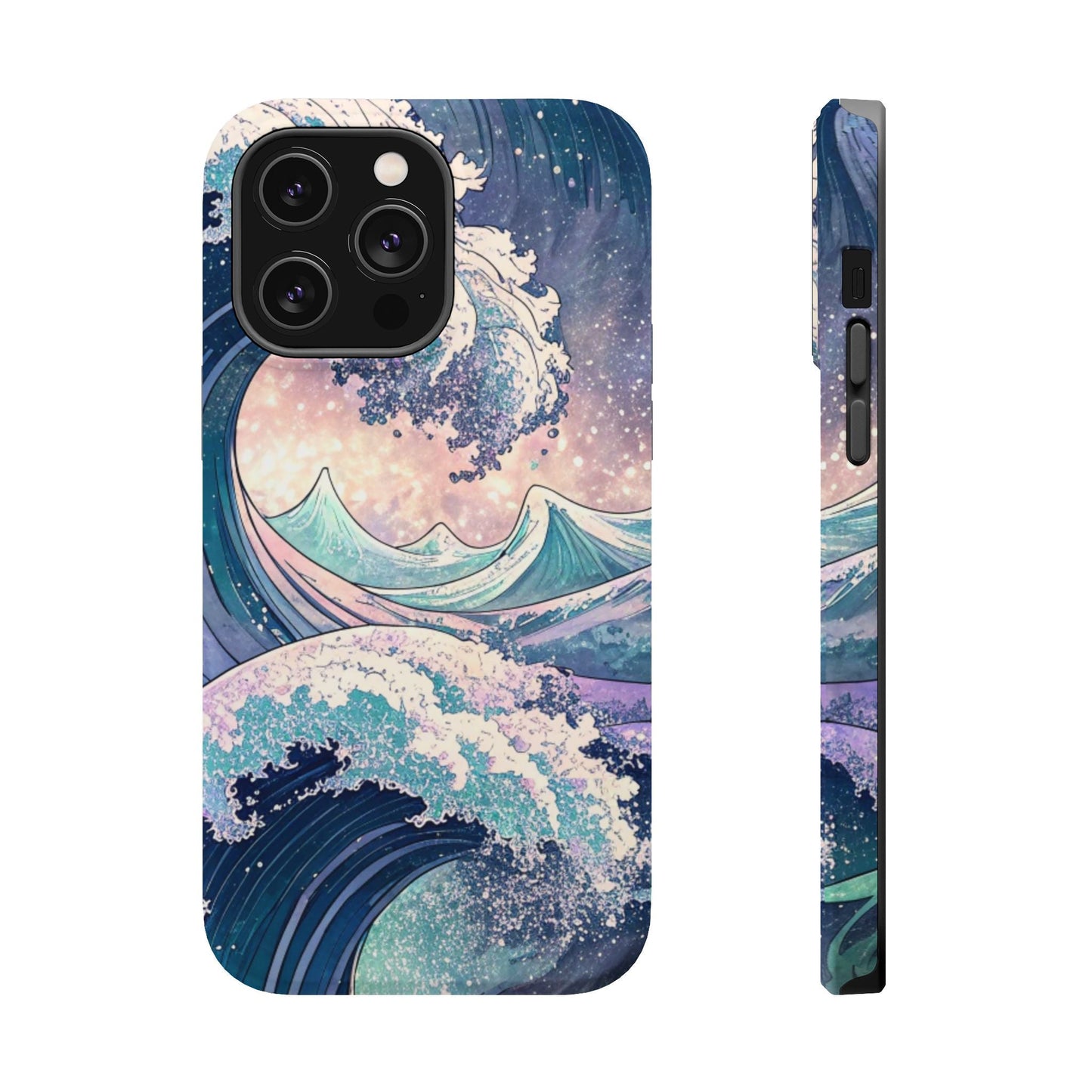 iPhone magnetic tough case with crashing waves design, durable dual-layer protection, glossy or matte finish, compatible with MagSafe accessories