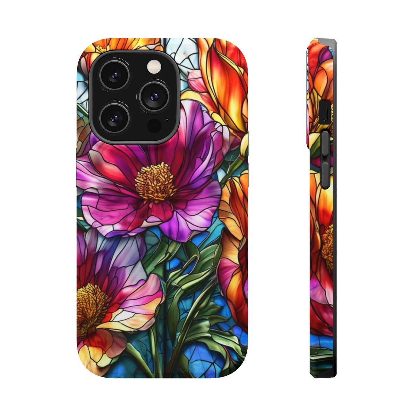 iPhone case with vibrant purple flower design, durable polycarbonate and TPU protection, MagSafe compatible, glossy finish
