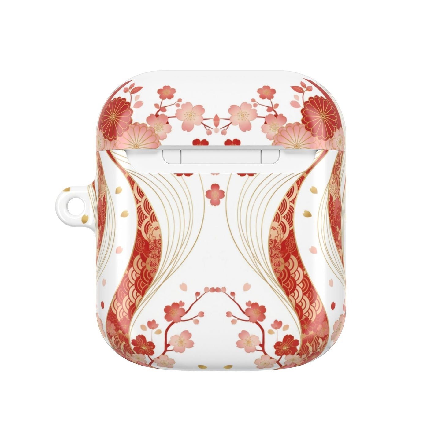 Red Golden Flower AirPod Case with floral design and gold accents, durable polycarbonate with gloss finish and carabiner attachment