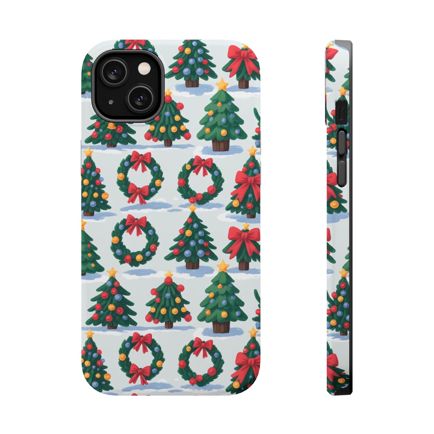 iPhone case with festive Holiday Tree and Wreath pattern in vibrant colors, protective dual-layer design, MagSafe compatible