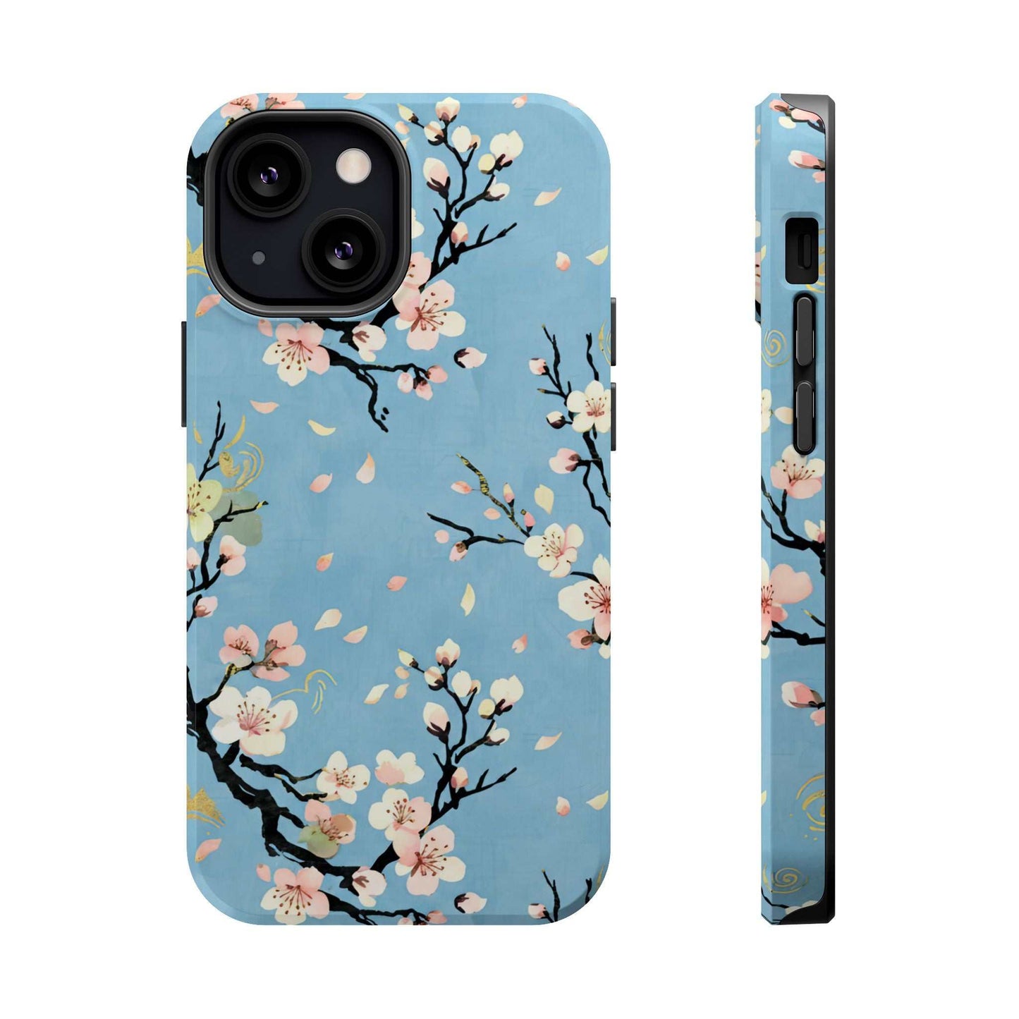 Spring Bloom iPhone Tough Case with floral design and MagSafe compatibility on blue background