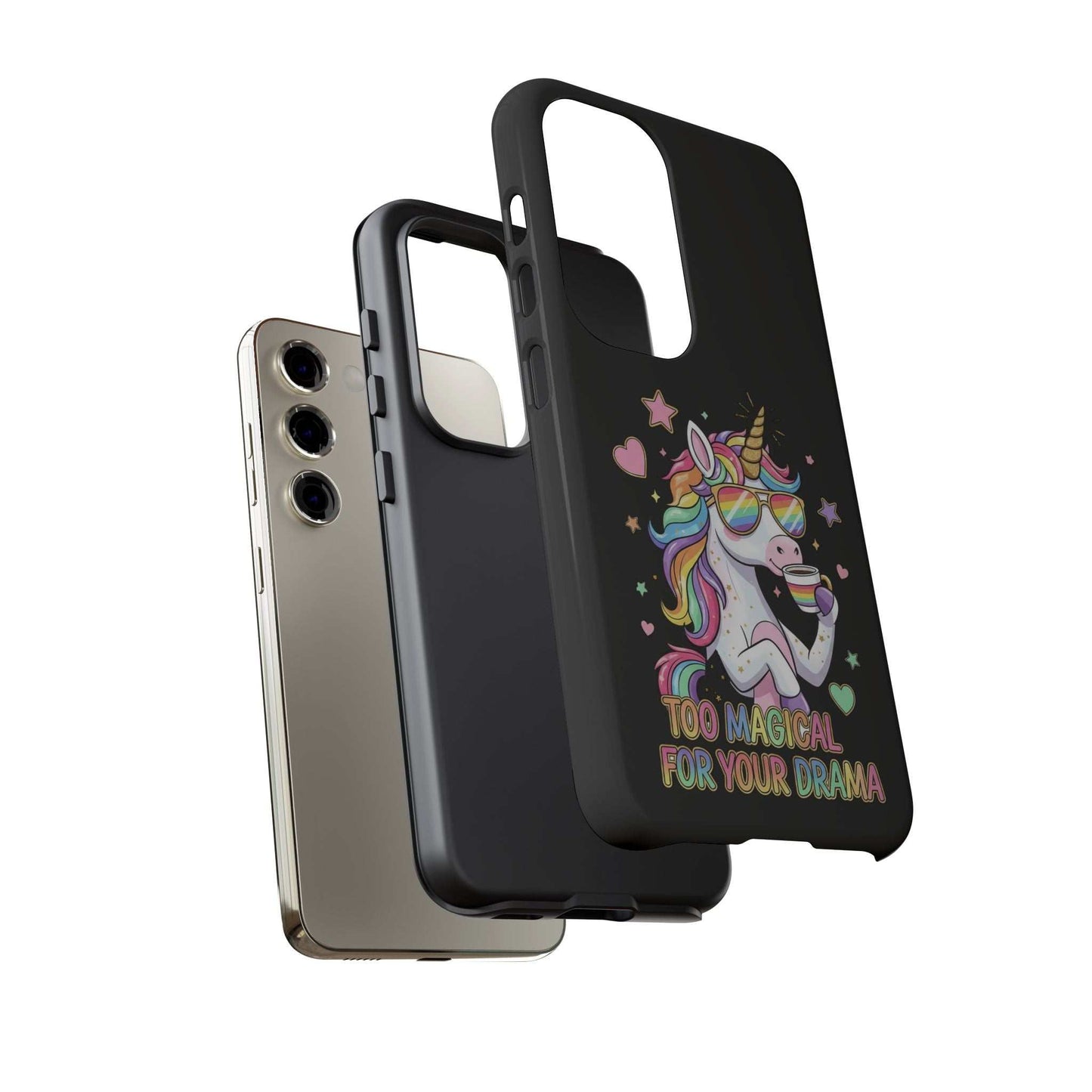 Samsung Phone Tough Case with colorful unicorn design and "Too Magical For Your Drama" text, durable and impact-resistant, compatible with wireless charging