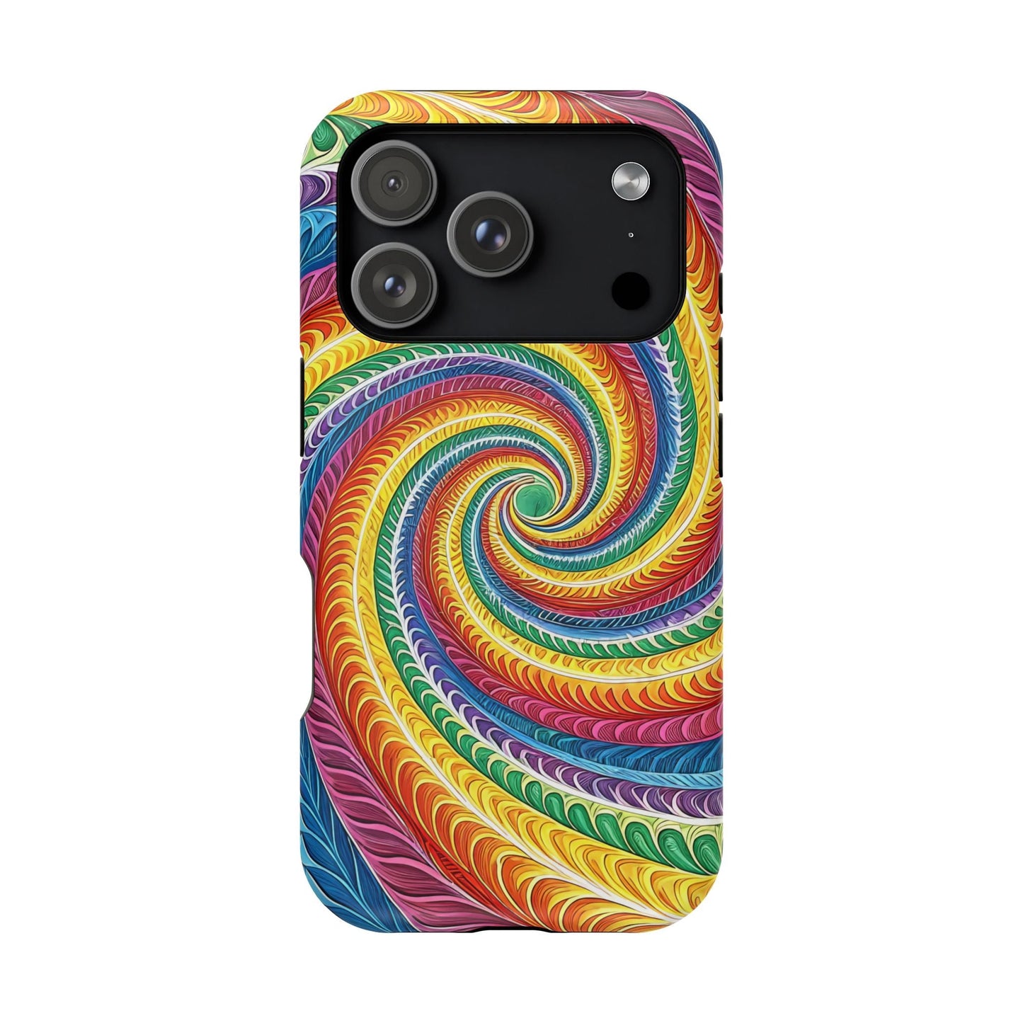 Rainbow Swirl iPhone tough case with vibrant colorful spiral design and MagSafe compatibility