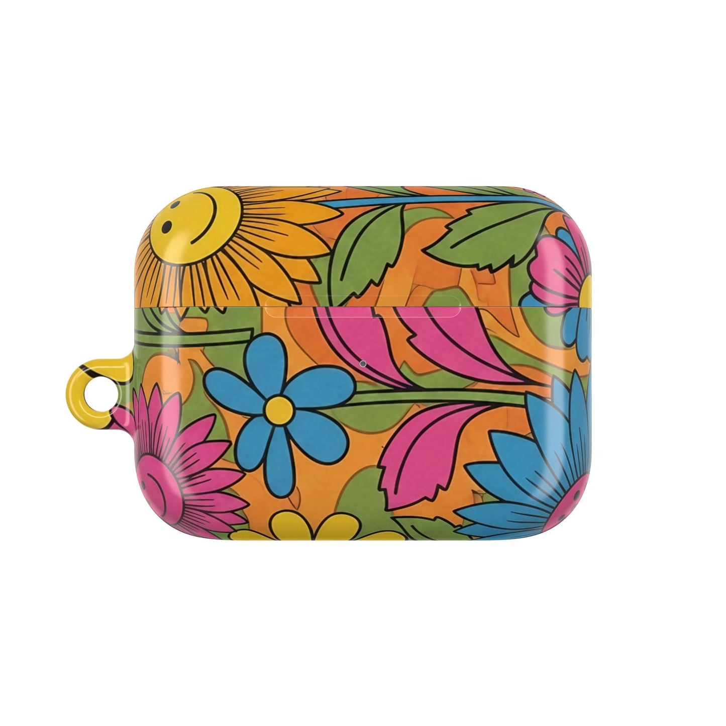 Flower Power AirPod Case with colorful floral design and carabiner attachment