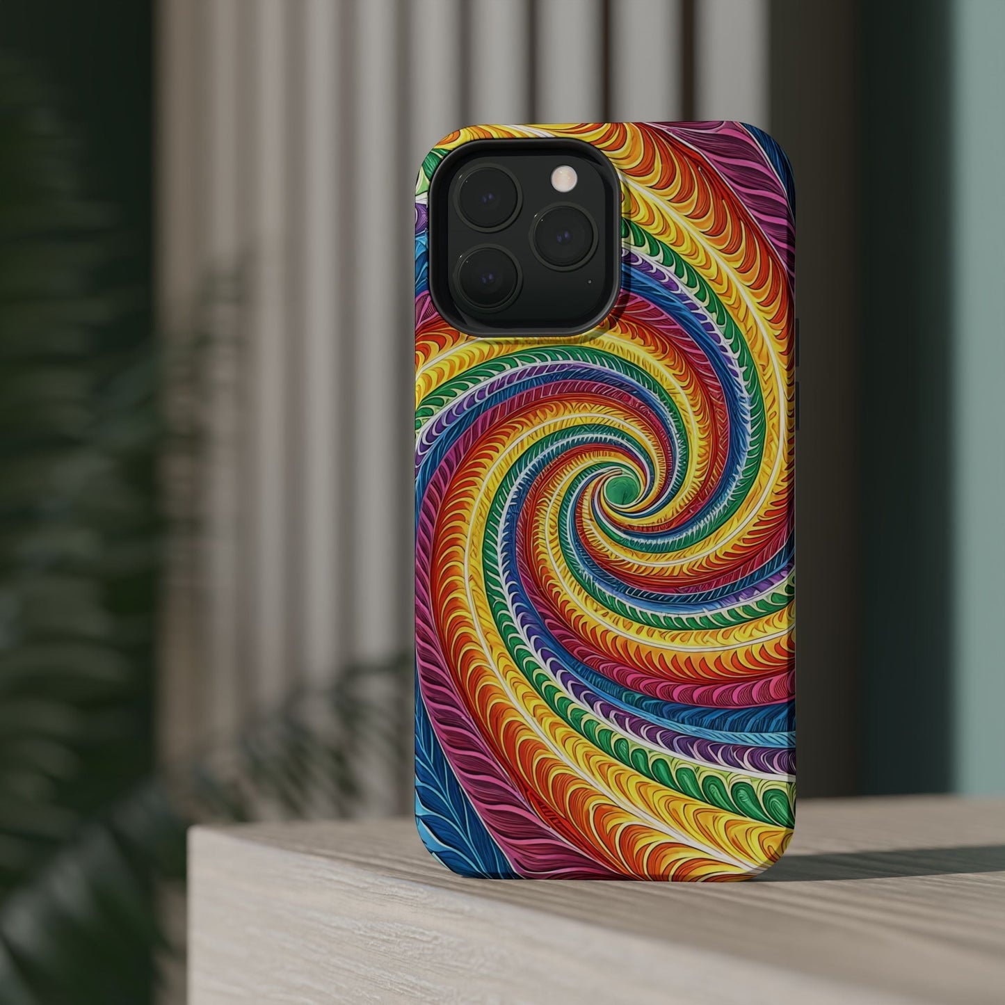 Rainbow Swirl iPhone Tough Case with vibrant colorful spiral design and durable dual-layer protection, MagSafe compatible.