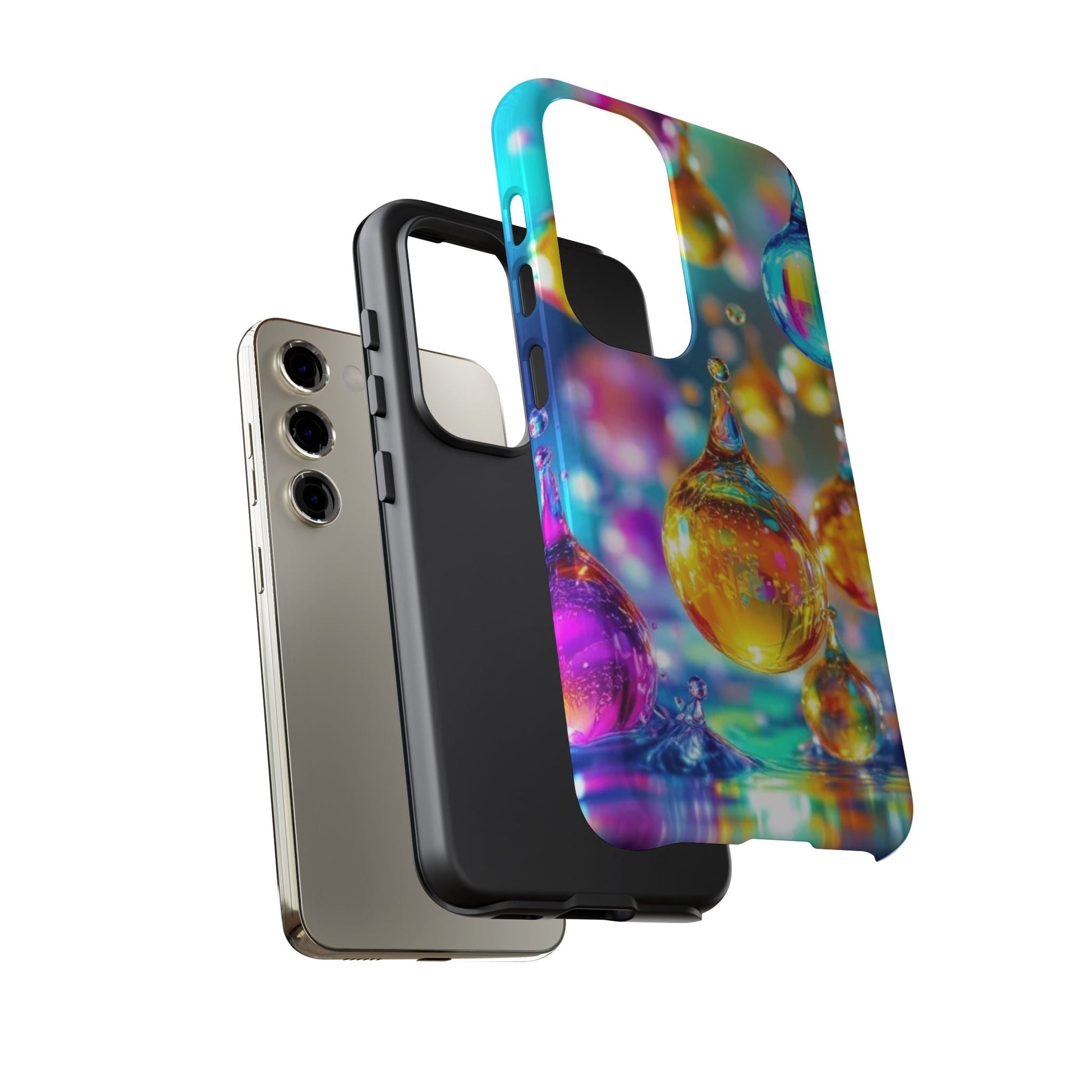 Samsung phone with a black inner case and a colorful golden raindrop 3D wrap phone case for protection and style