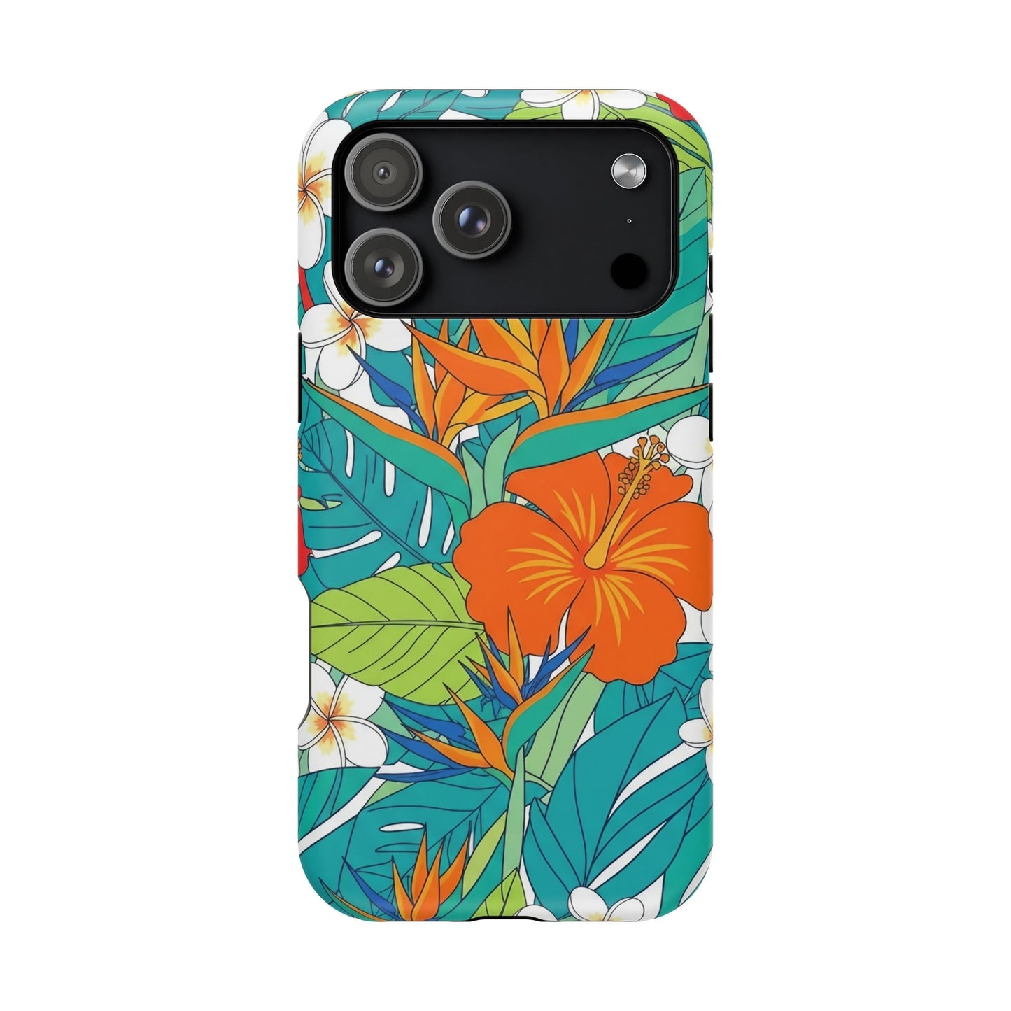 Vibrant floral iPhone case with colorful tropical flowers and leaves, durable protective design, MagSafe compatible.