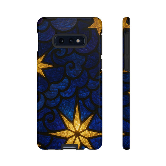 Golden star patterned durable Samsung phone case with blue and gold design for robust protection and luxury style