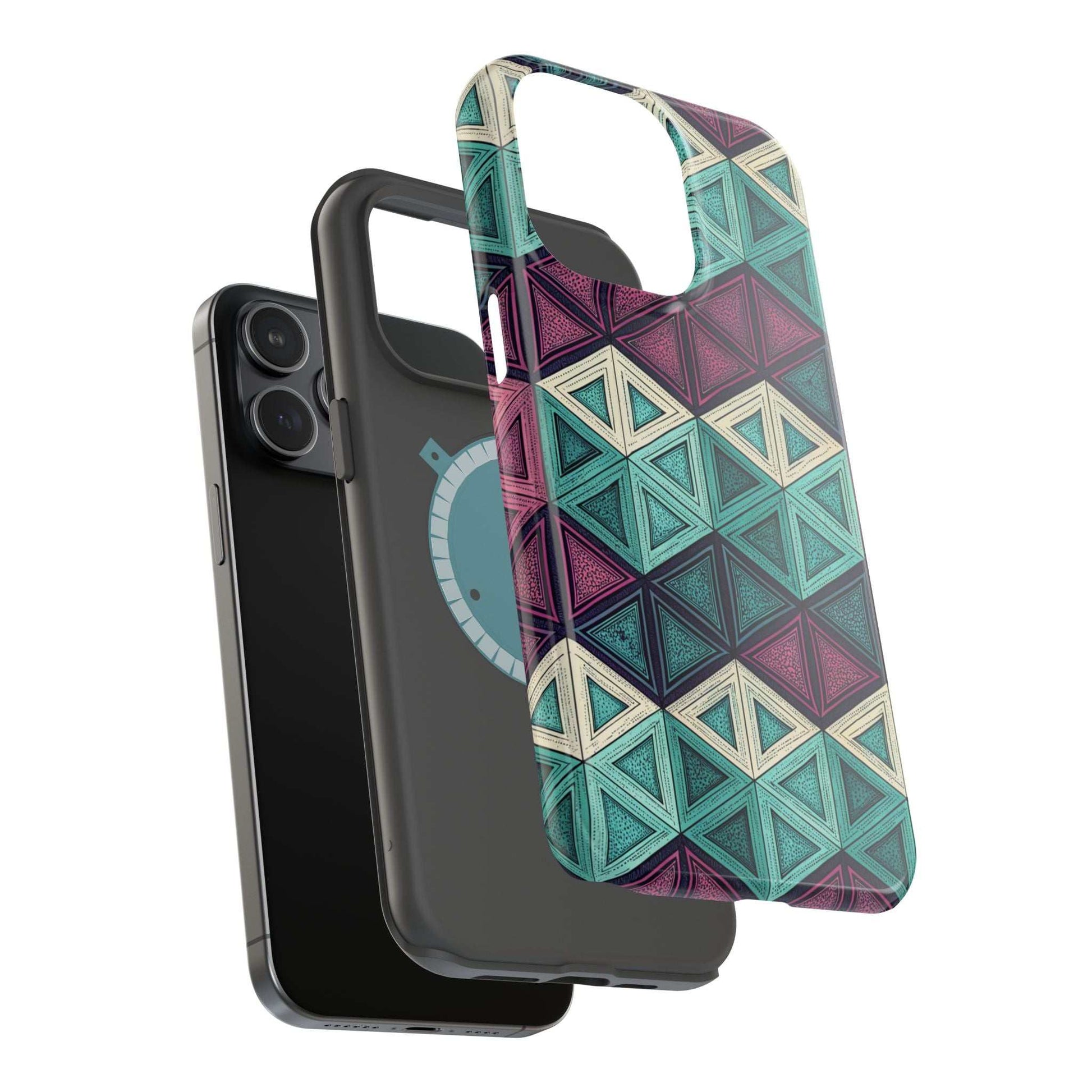 Purple and Teal Abstract magnetic iPhone tough case with geometric pattern and MagSafe compatibility