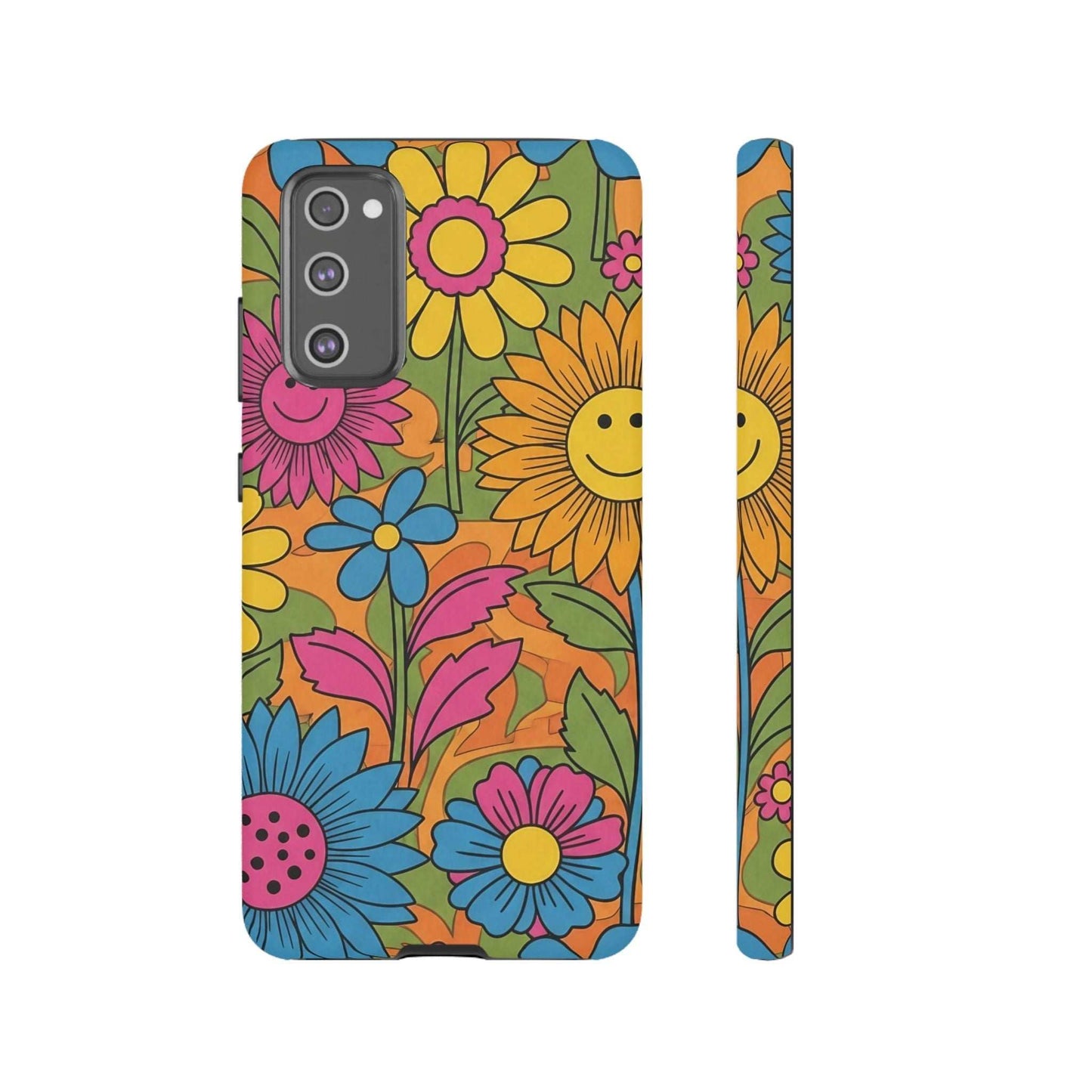 Samsung Phone Case with colorful retro flower power design and durable protective features