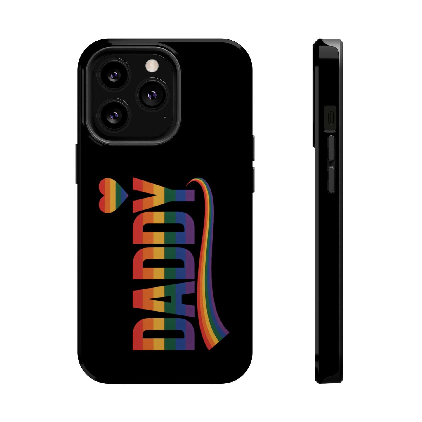 Fun Daddy LGBT Daddy iPhone tough case with rainbow design on black background, durable protective cover with MagSafe compatibility