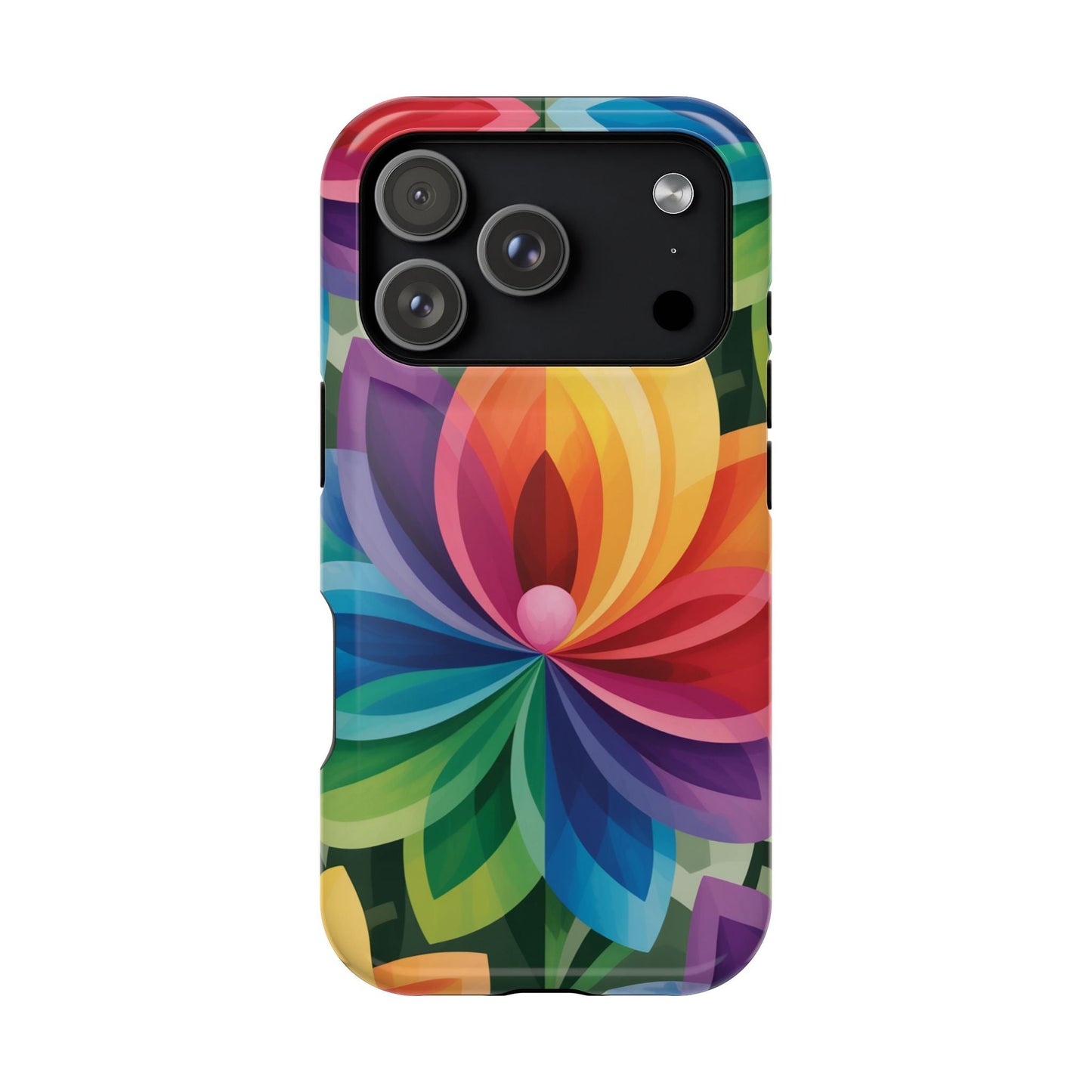 Colorful Rainbow Flower iPhone Case with vibrant floral design and protective dual-layer build
