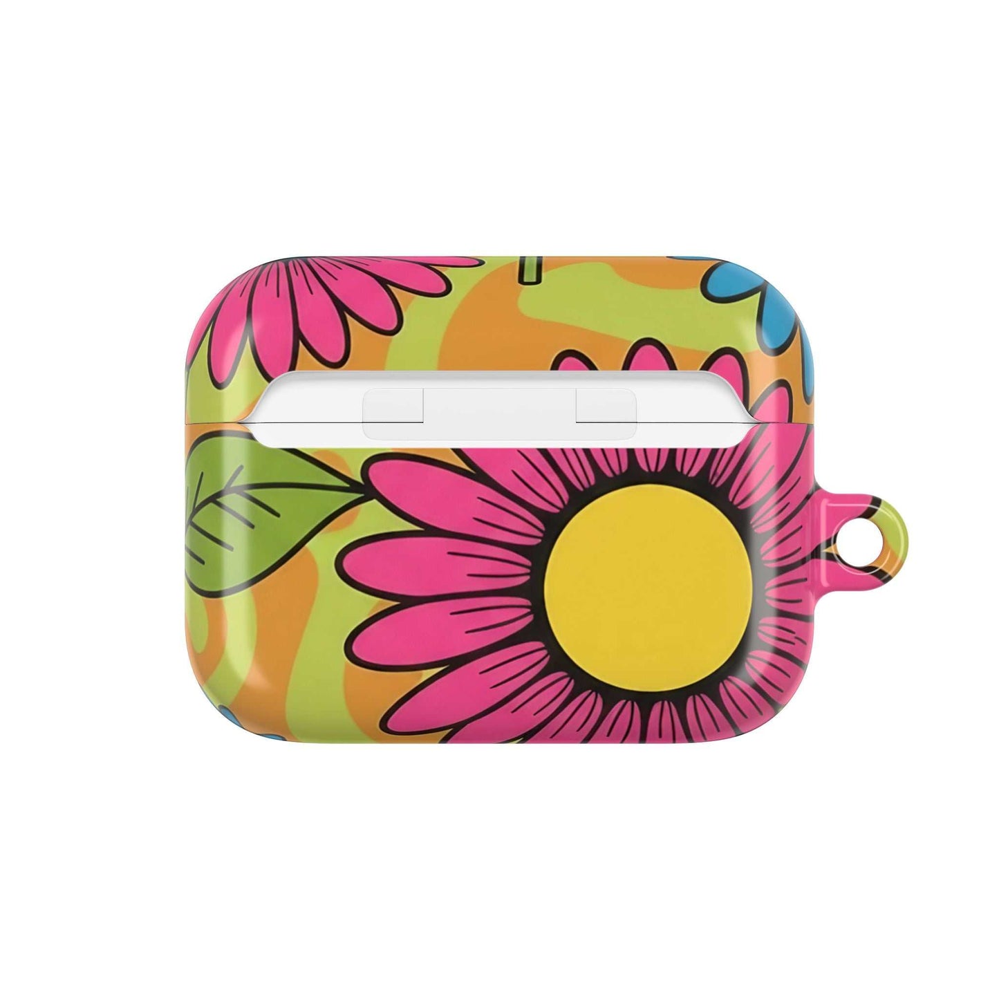 Love Child AirPod Case with colorful sunflower design, durable and lightweight protective cover with carabiner.