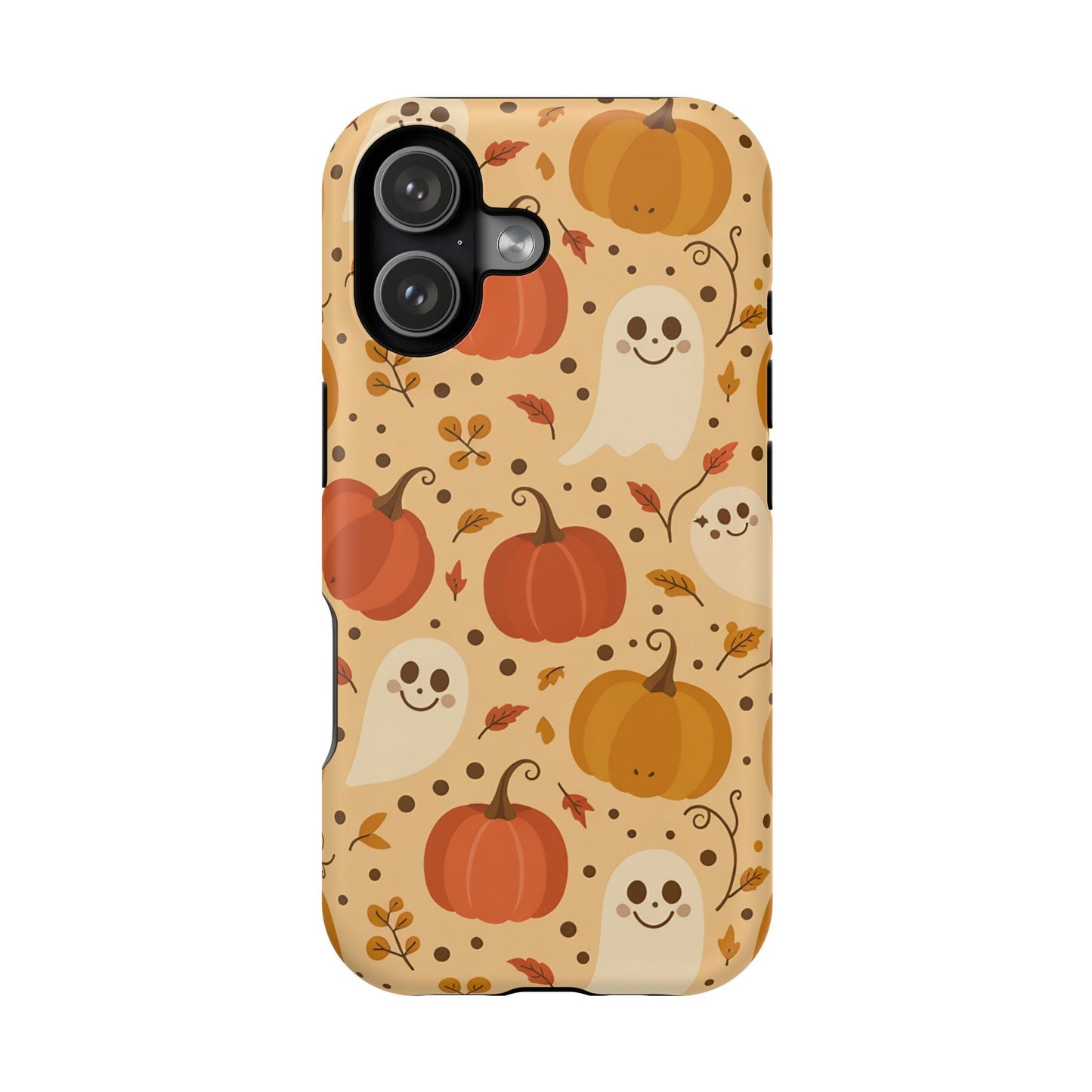 Spooky Pumpkins Halloween iPhone case with ghosts and pumpkins design, durable MagSafe compatible tough cover