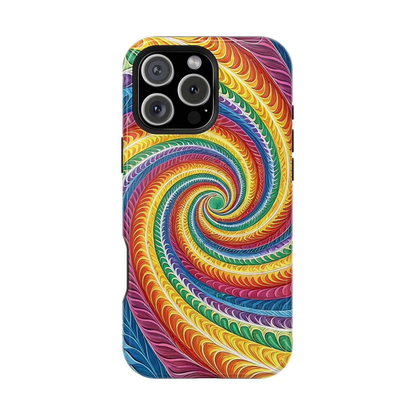 Rainbow swirl design iPhone tough case with vibrant colors, dual-layer protection, MagSafe compatible, glossy or matte finish