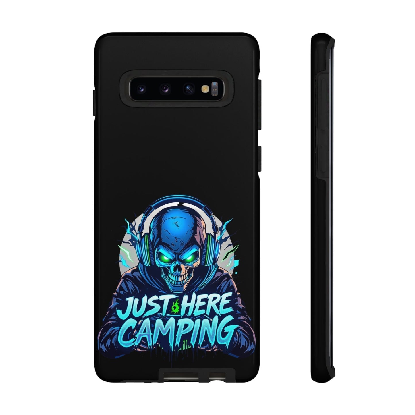 Samsung Tough Case with vibrant "Just Here Camping" gaming skull design for gaming enthusiasts, offering durable protection.