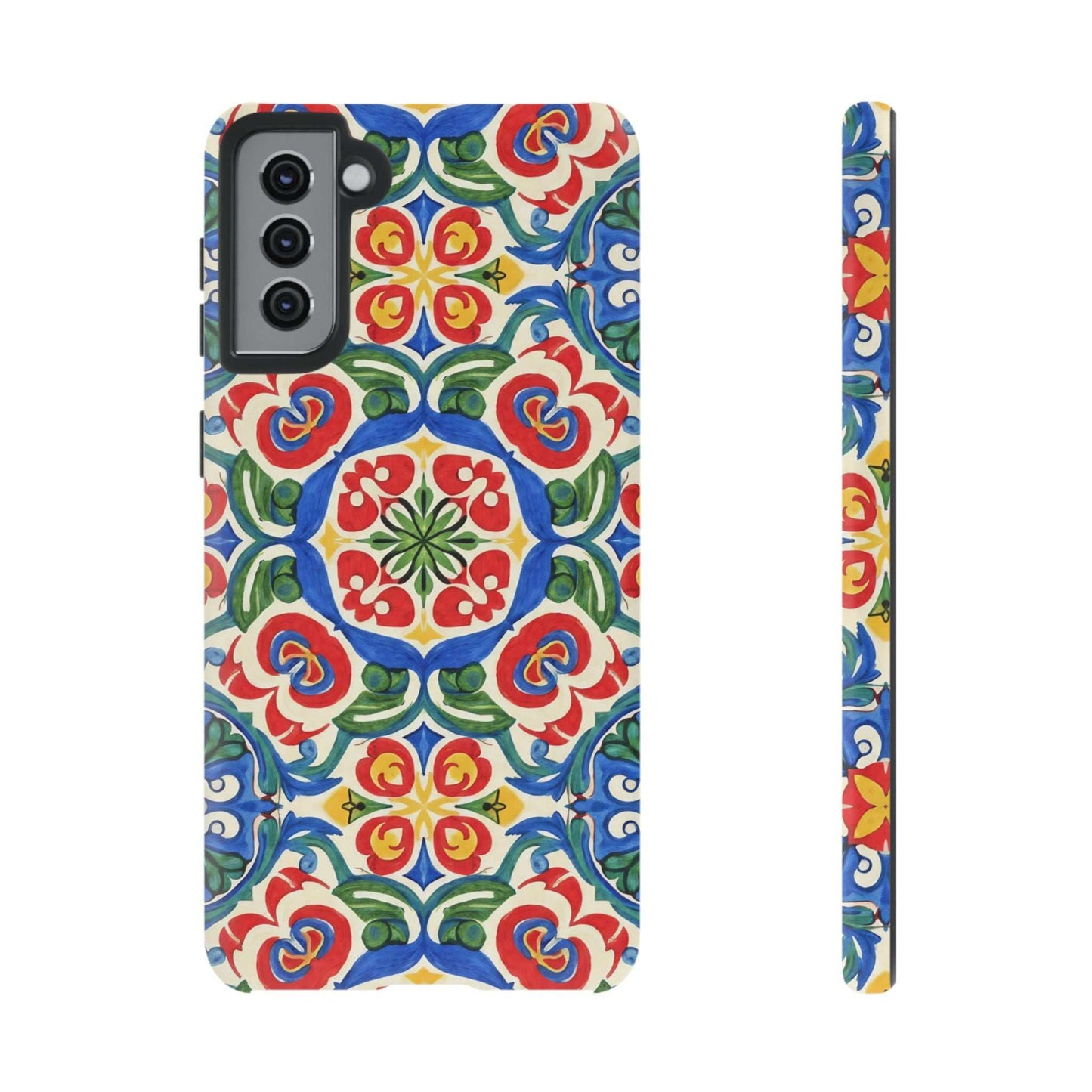 Mediterranean Samsung Case with hand-painted tile design in vibrant blue, red, and green, featuring dual-layer protection and seamless 3D wrap.