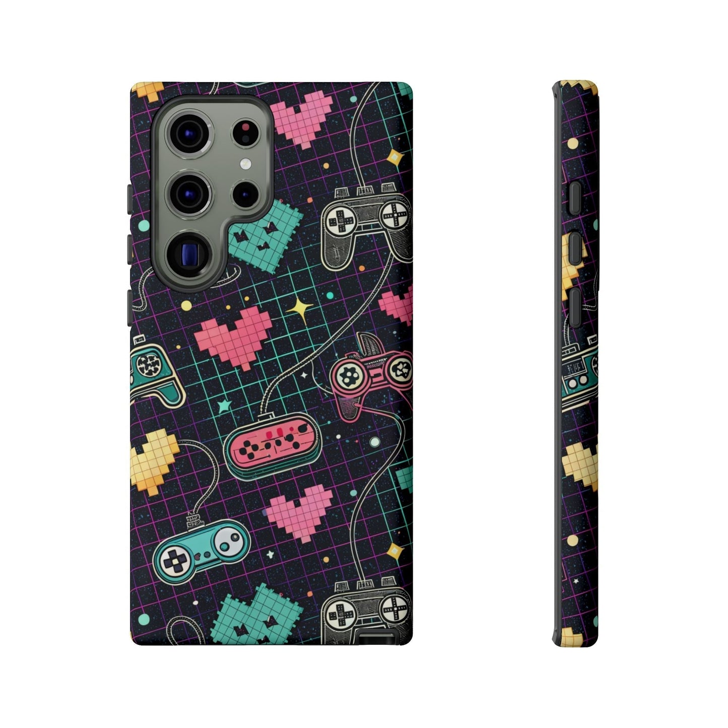 Samsung Galaxy tough phone case with retro gaming controllers and pixelated hearts design