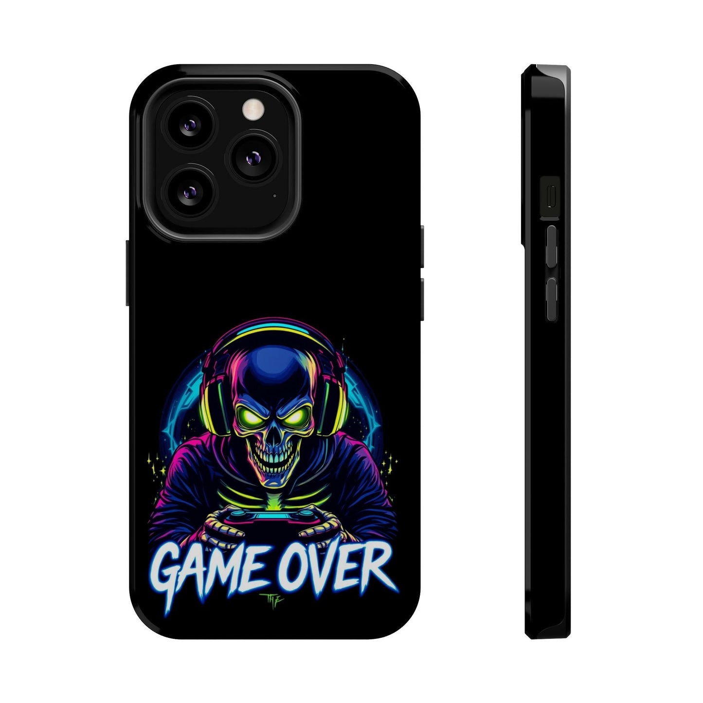 Game Over Gamer iPhone tough case with vibrant skeleton gamer design and MagSafe compatibility