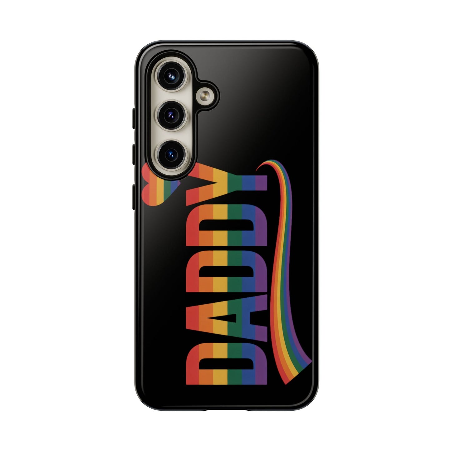 Samsung Tough Case with LGBT inspired rainbow DADDY text and heart design on black background for Samsung Galaxy phone