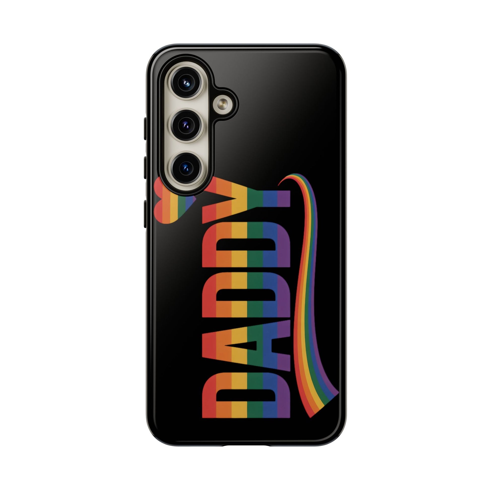 Samsung Tough Case with LGBT inspired rainbow DADDY text and heart design on black background for Samsung Galaxy phone