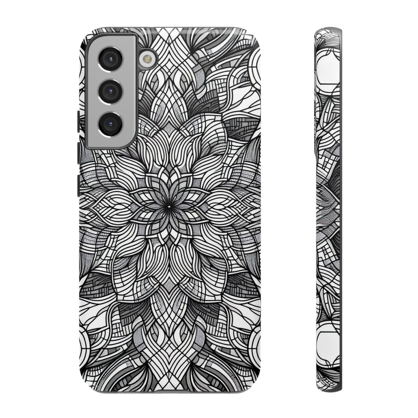 Samsung phone case with black and white intricate floral art explosion design, full protective tough cover