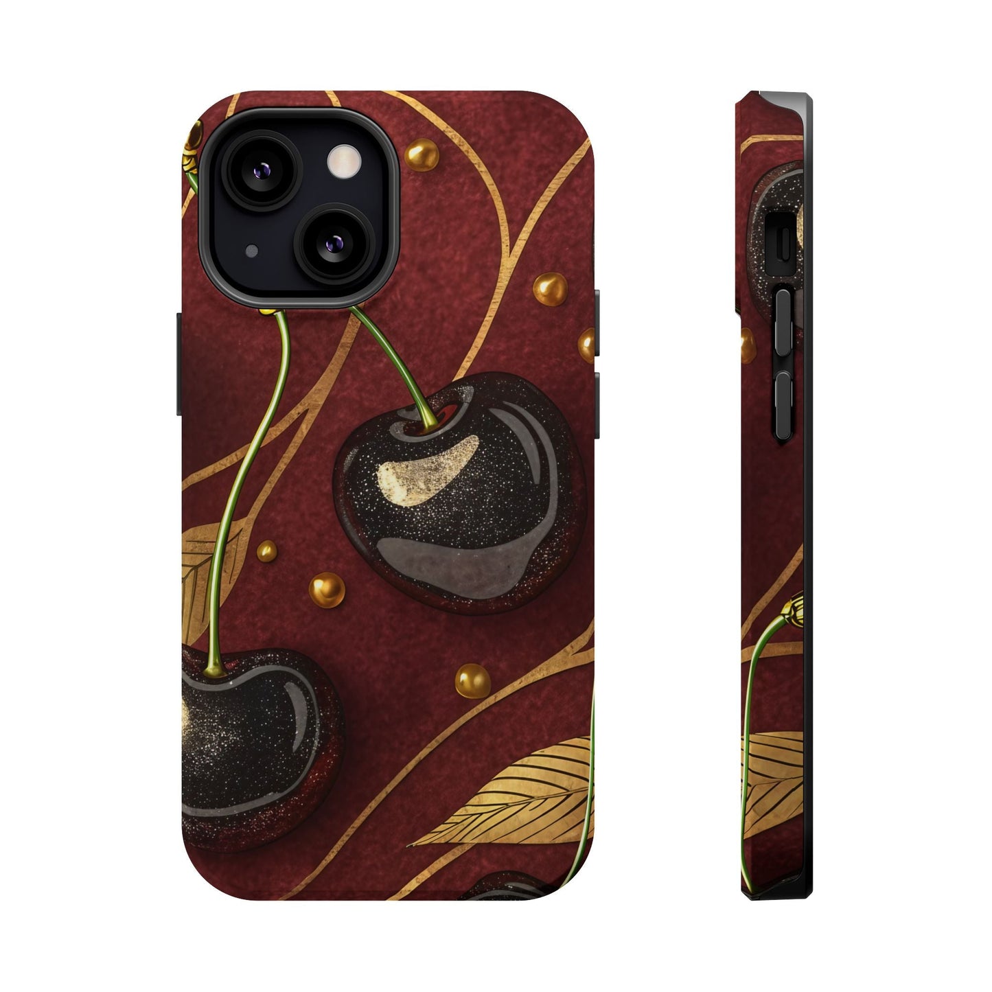 Golden Cherry iPhone Tough Case with stylish cherry-gold design, durable dual-layer protection, and MagSafe compatibility.