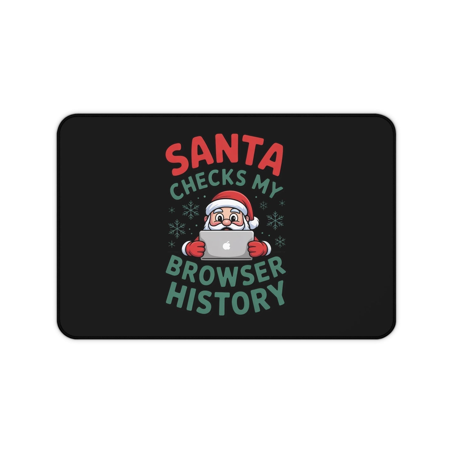 Funny Santa desk mat with Santa checking laptop browser history and festive design