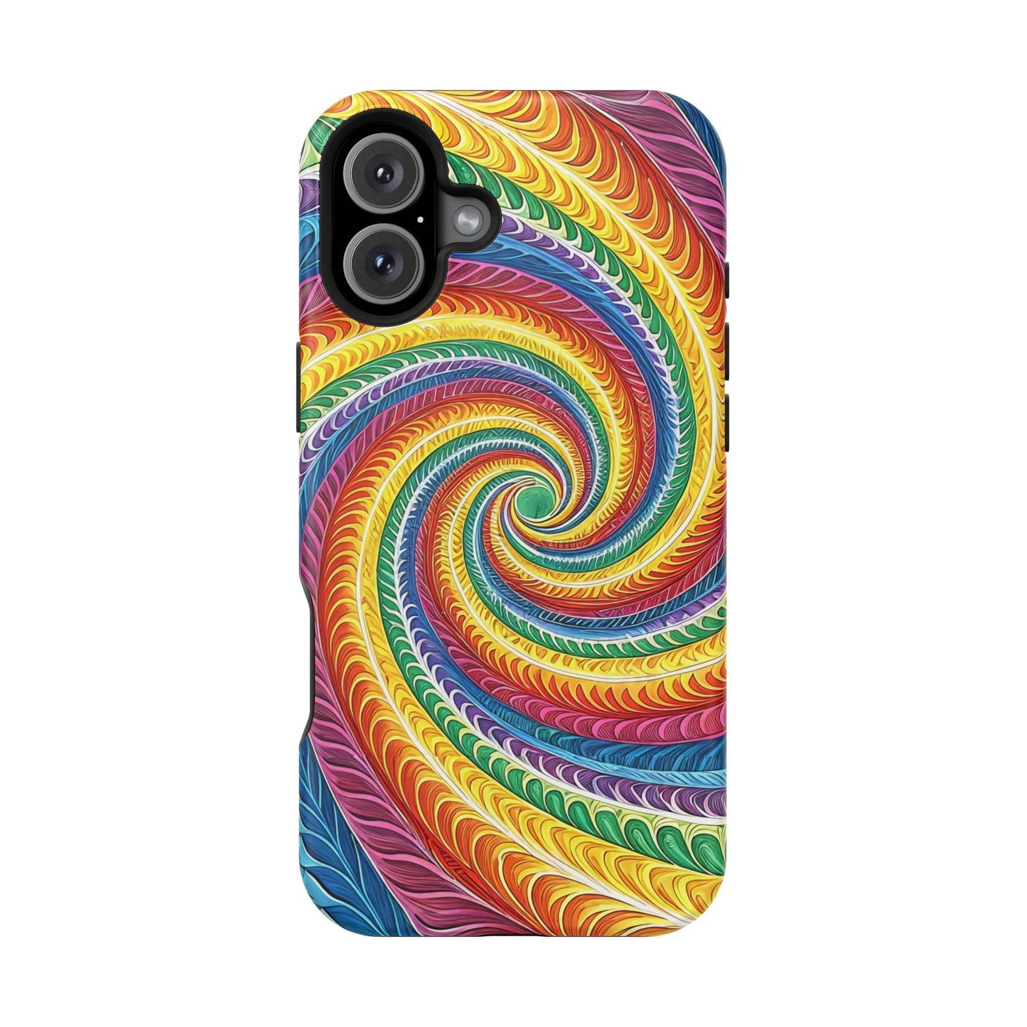 Rainbow swirl design iPhone tough case with vibrant colors and durable dual-layer protection, MagSafe compatible.