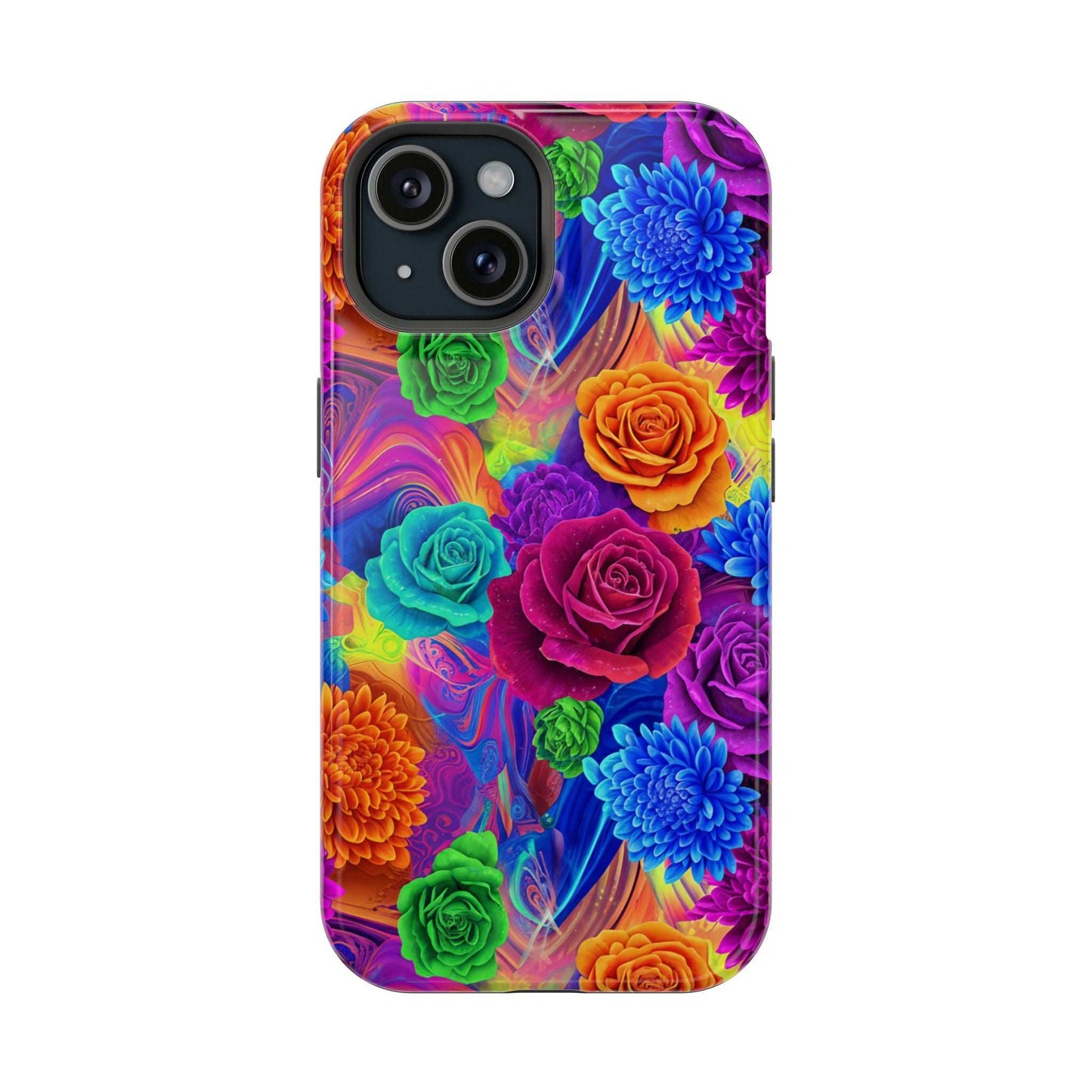 Colorful floral iPhone tough case with MagSafe compatibility and shock-absorbing protection
