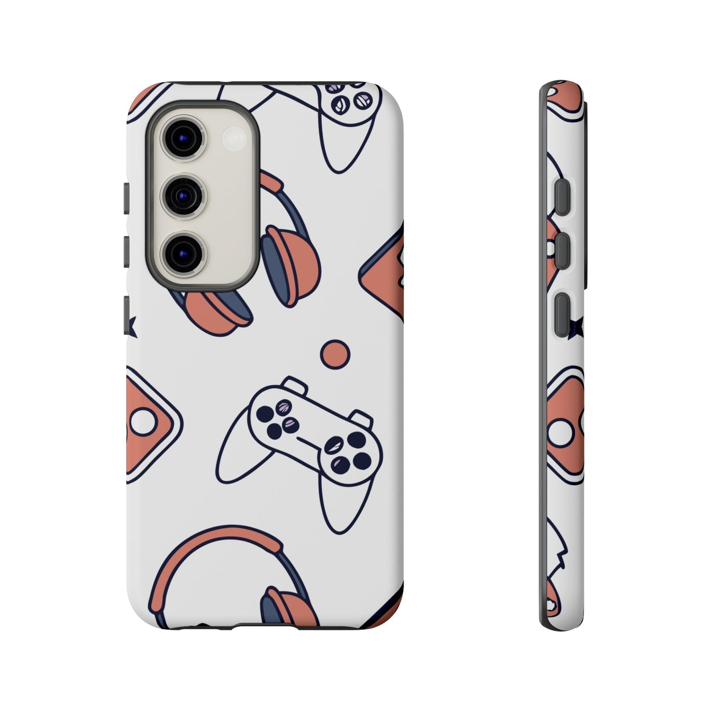 Samsung phone case with gamer-themed design featuring controllers and headphones, durable and impact-resistant Gamer Tough Phone Case.