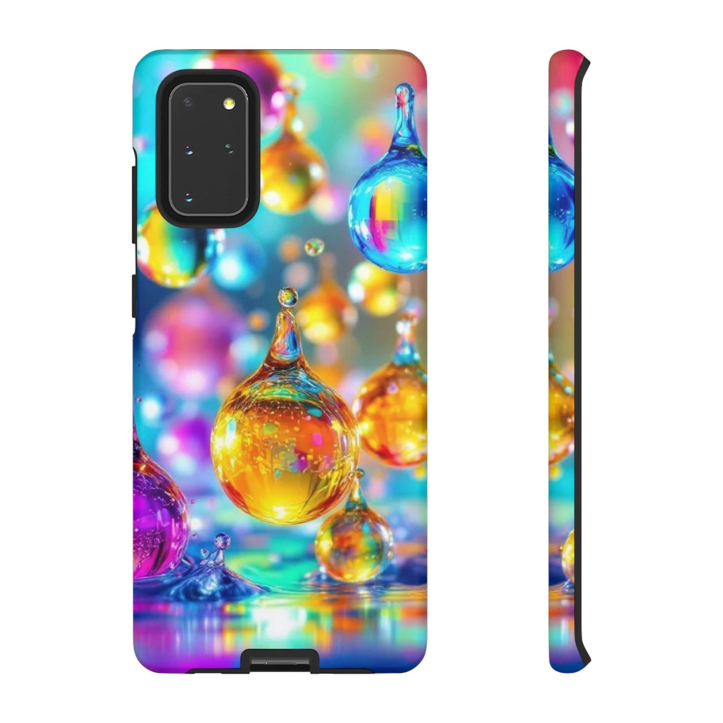 Samsung phone case with vibrant 3D golden raindrop design, durable shock-absorbing protection