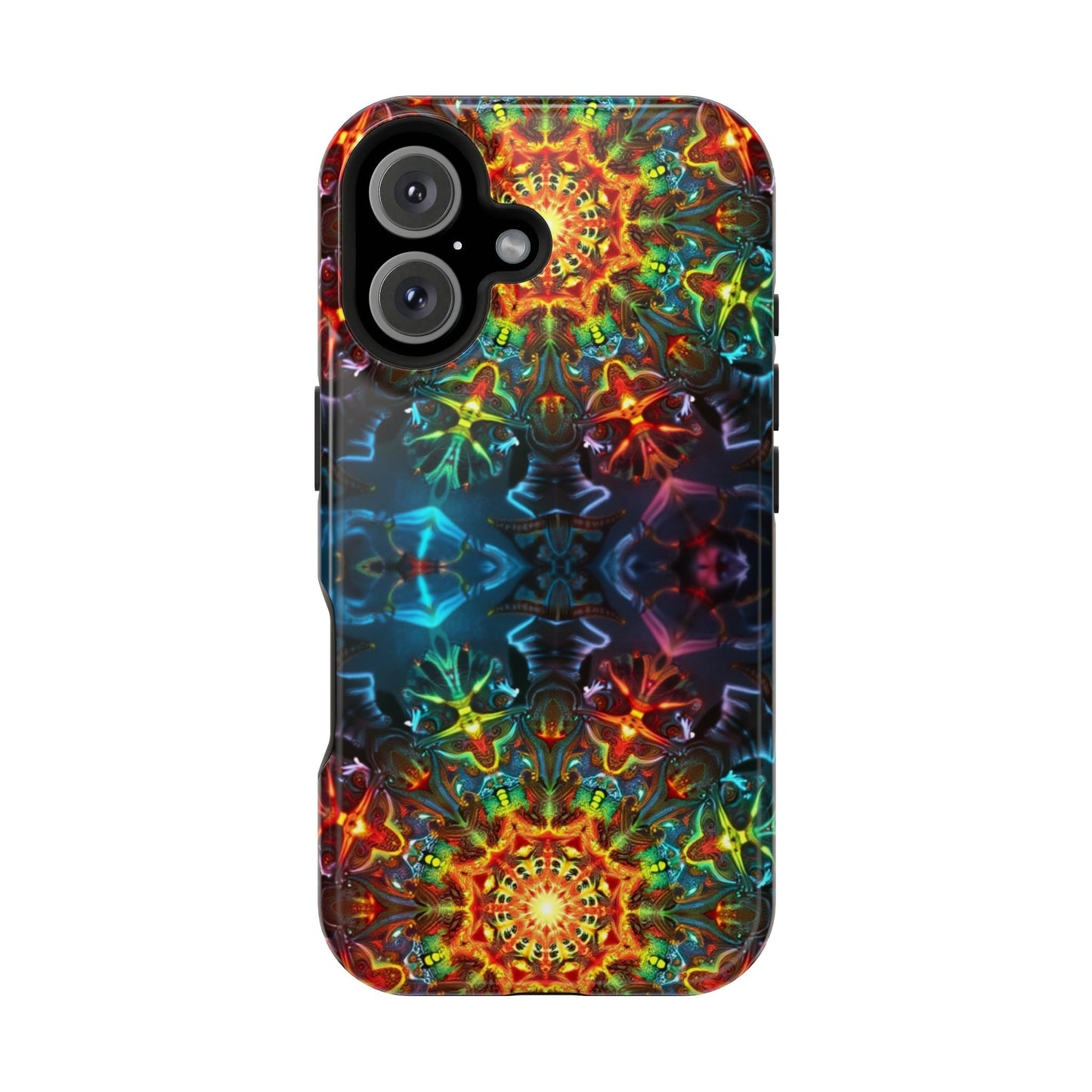 iPhone case with colorful abstract kaleidoscope design and durable dual-layer protection