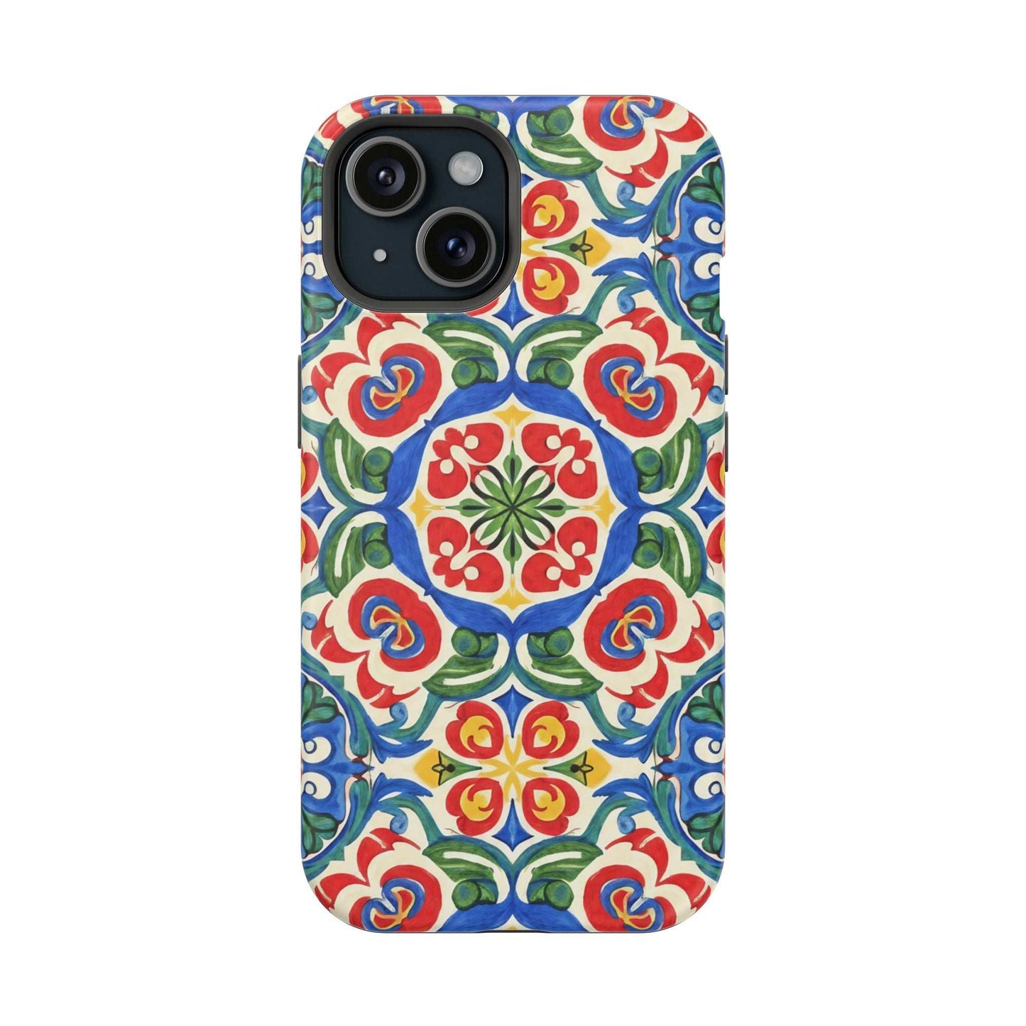 Mediterranean iPhone Case with colorful folk tile art pattern and MagSafe compatibility