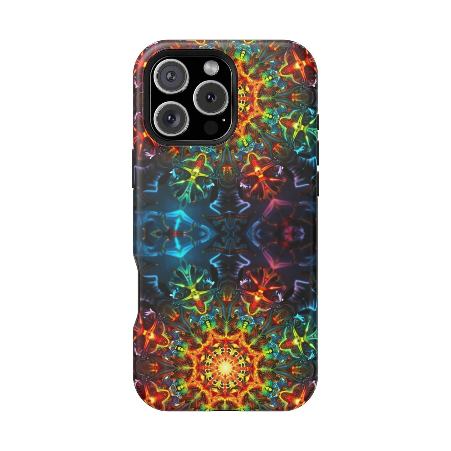 iPhone magnetic tough case with vibrant abstract kaleidoscope design and durable dual-layer protection