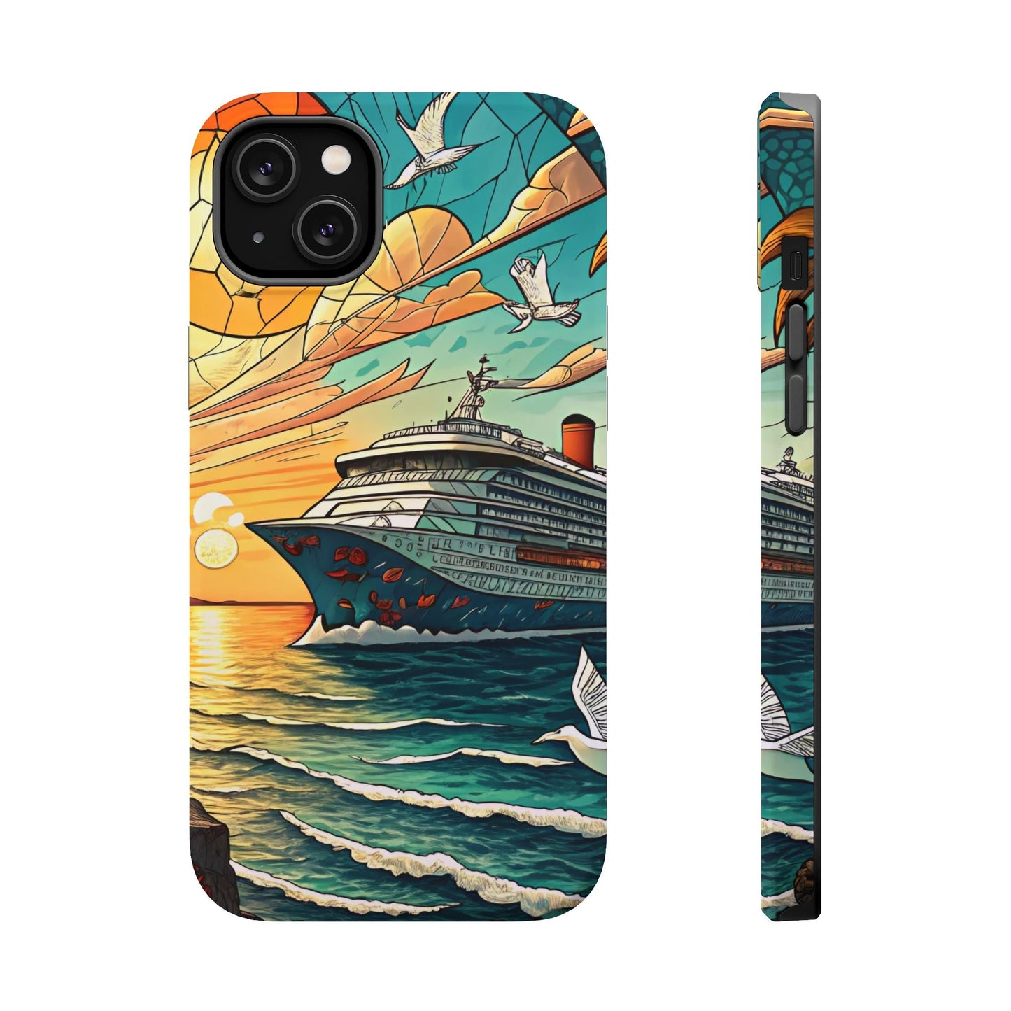 Cruise Vacation iPhone tough case with dual-layer protection featuring a vibrant cruise ship and ocean sunset design, compatible with MagSafe.