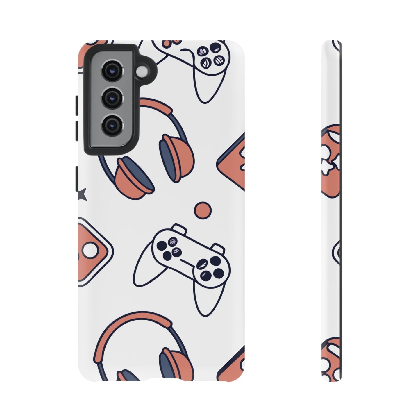 Gamer phone case with white background featuring gaming controllers and headphones design for Samsung Galaxy phone protection