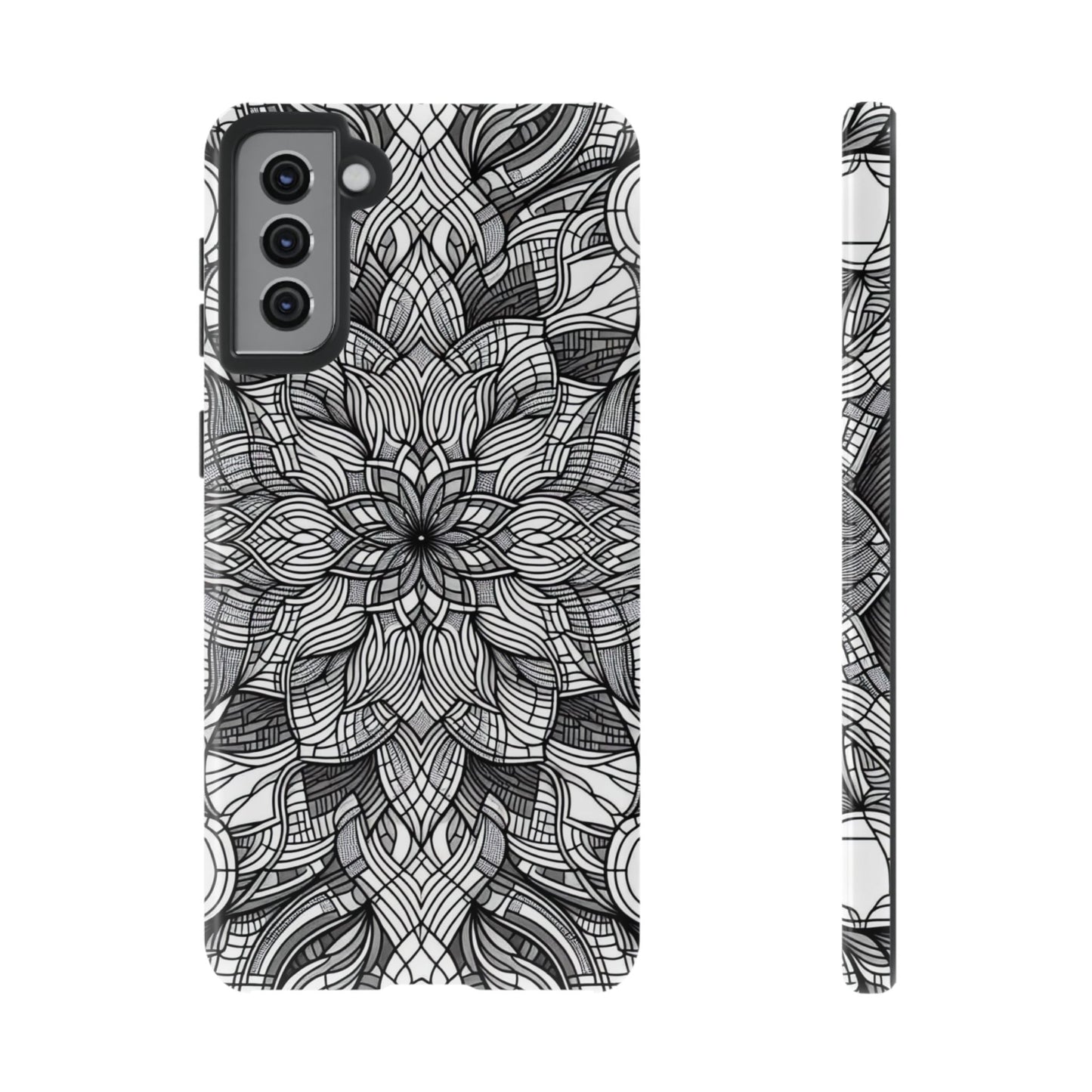 Black and White Art Explosion Samsung Galaxy phone case with intricate monochrome floral pattern and full device protection