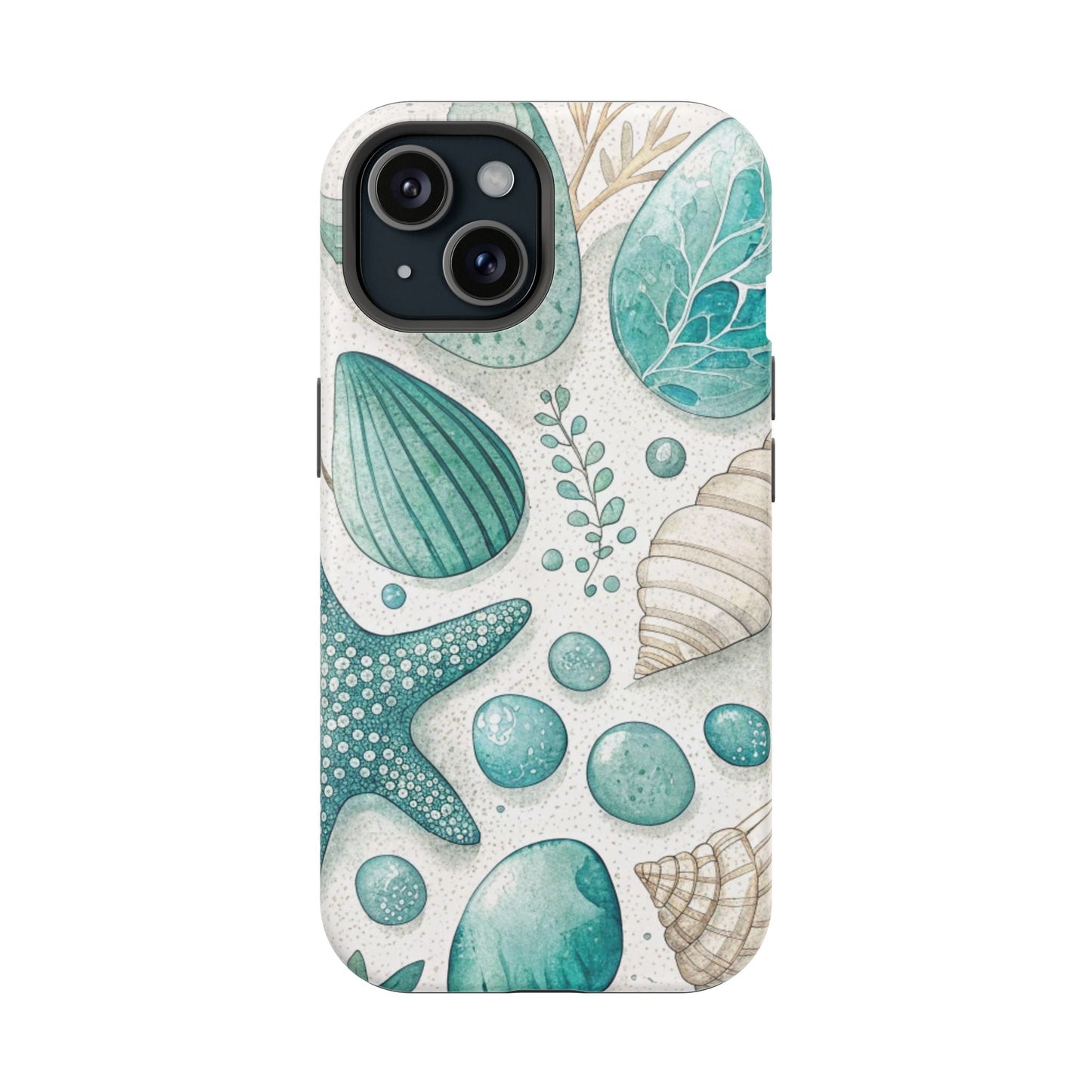 Celebration Sea iPhone Tough Case with ocean shell and starfish design, durable dual-layer protection, MagSafe compatible phone cover