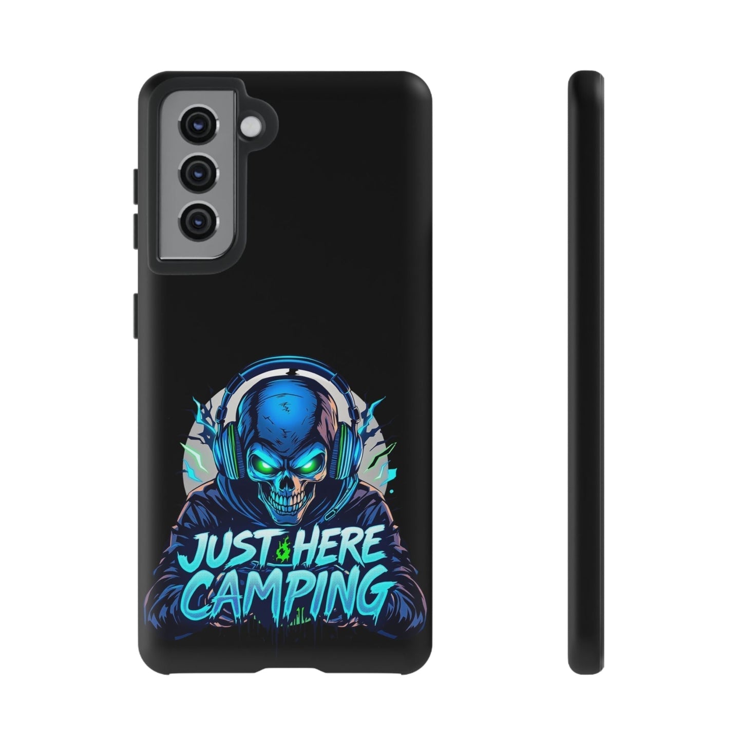 Samsung Tough Case for gaming enthusiasts featuring vibrant "Just Here Camping" design with skull wearing headphones, providing durable protection.
